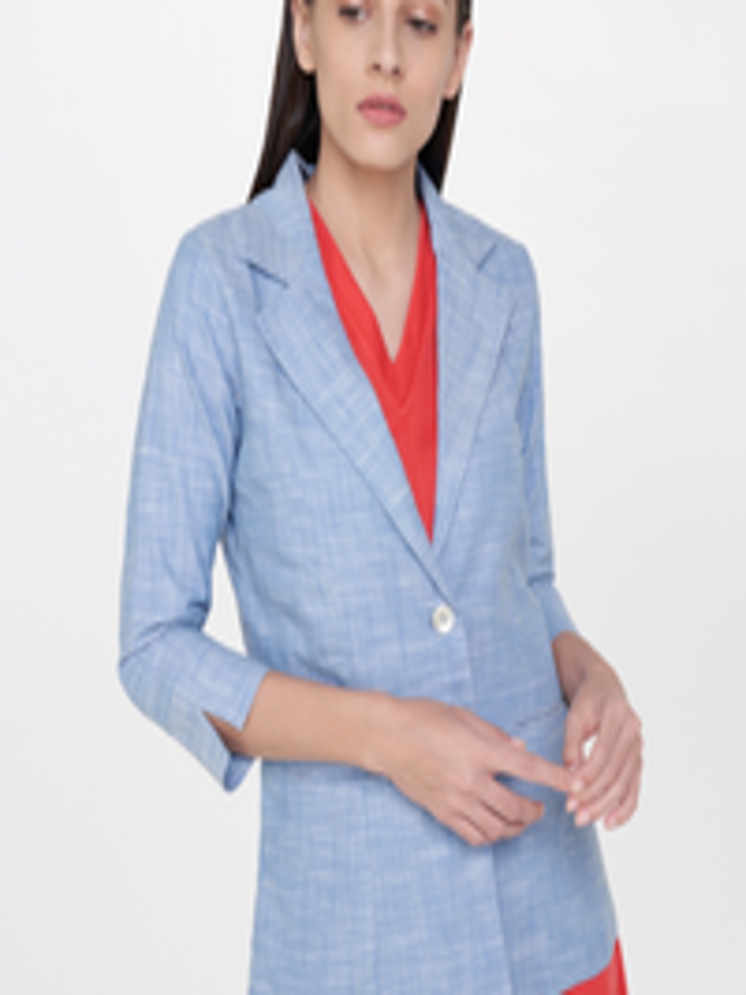 Buy AND Women Blue Solid Single Breasted Pure Cotton Blazer - Blazers