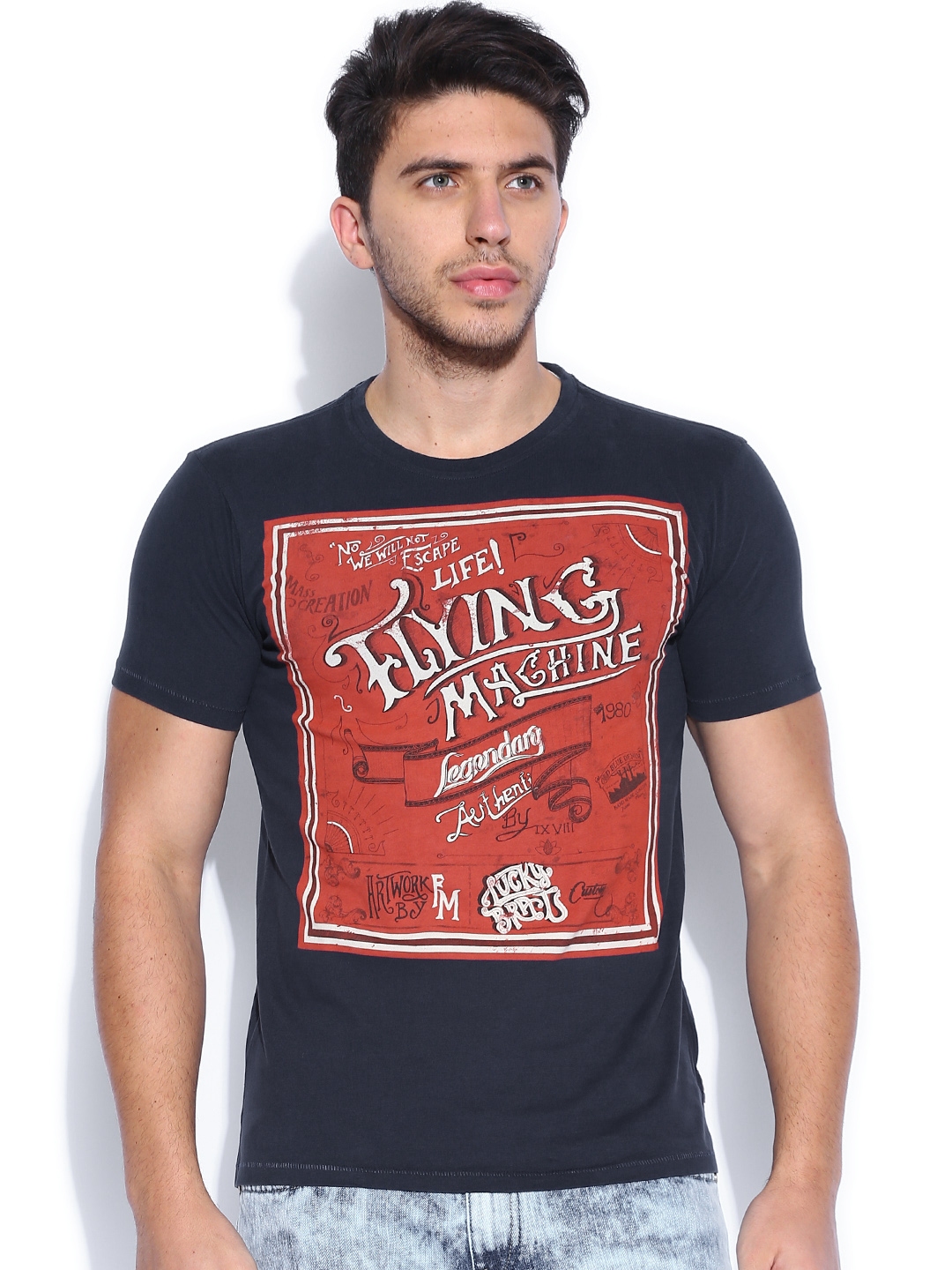 Buy Flying Machine Navy Graphic Print Pure Cotton T Shirt - Tshirts for ...