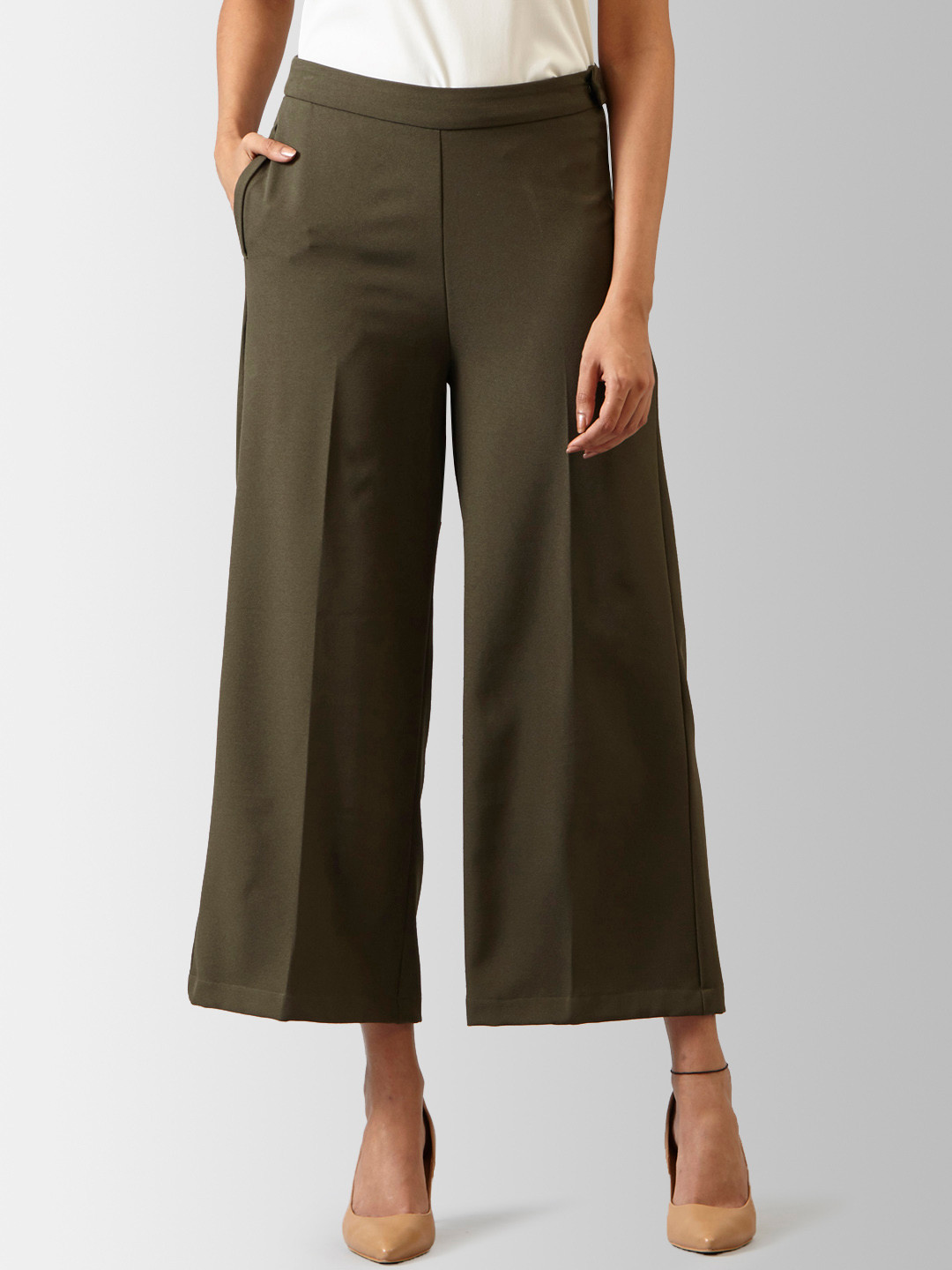 Buy FableStreet Women Olive Green Flared Solid Parallel Trousers ...