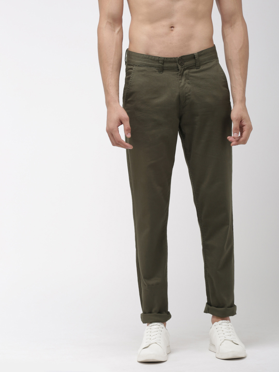 Buy Harvard Men Olive Green Regular Fit Solid Chinos - Trousers for Men ...