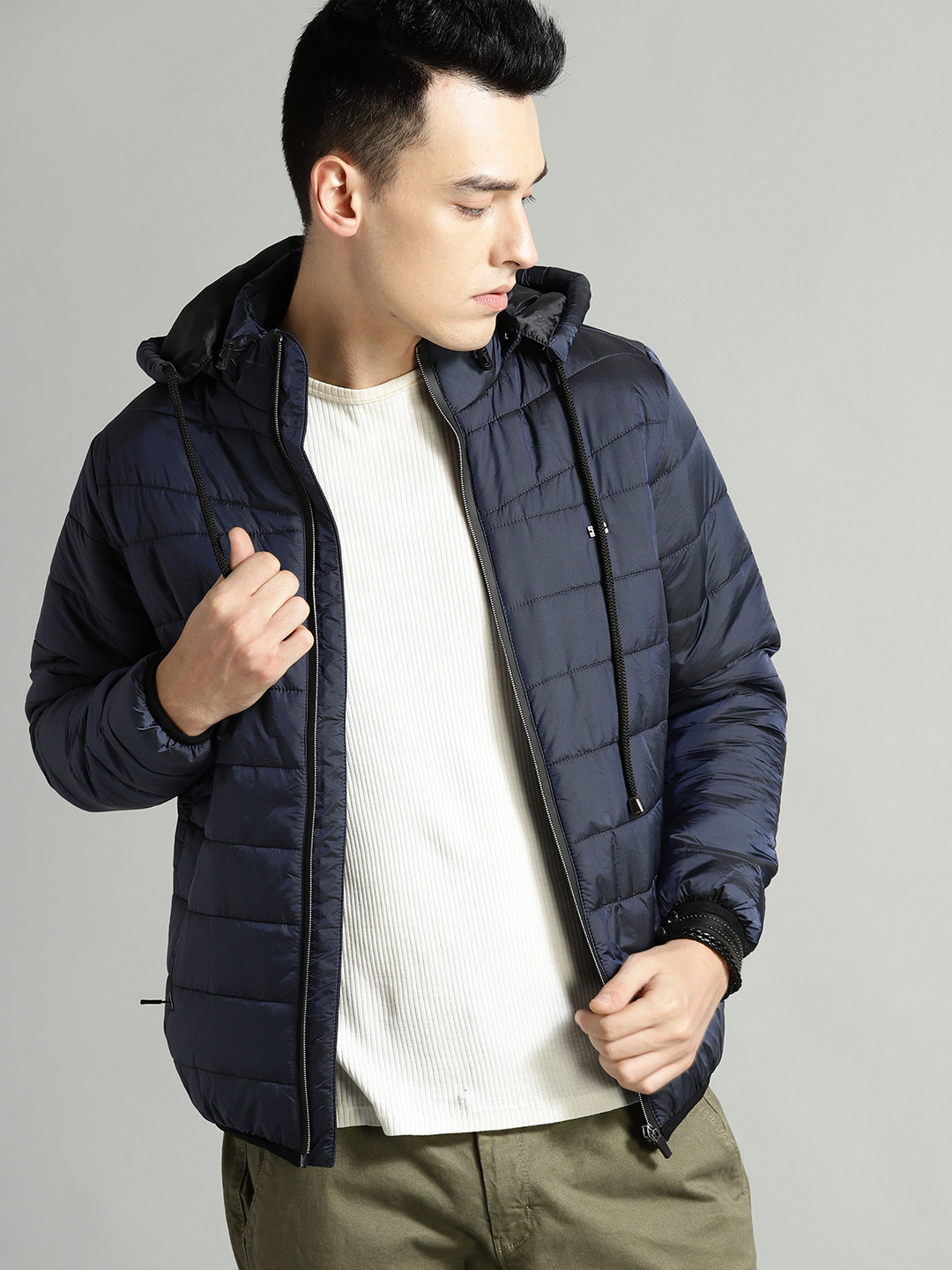 Buy The Roadster Lifestyle Co Men Navy Blue Solid Hooded Padded Jacket Jackets for Men 9587583