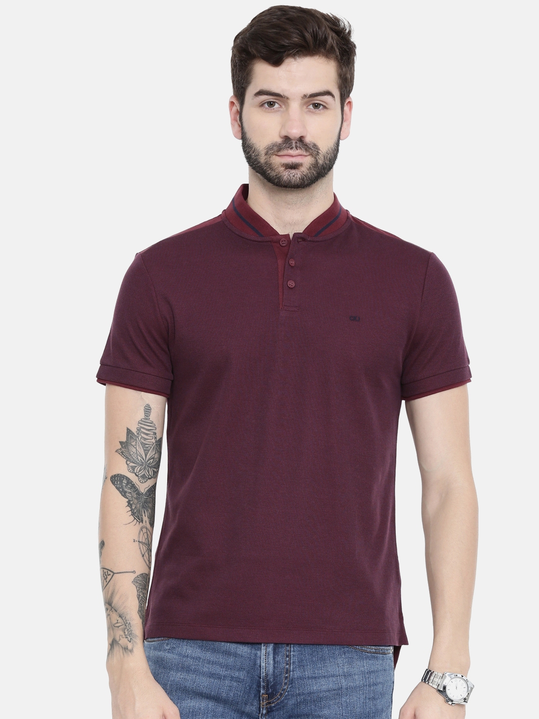Buy Calvin Klein Jeans Men Maroon Solid Polo Collar Pure Cotton T Shirt ...