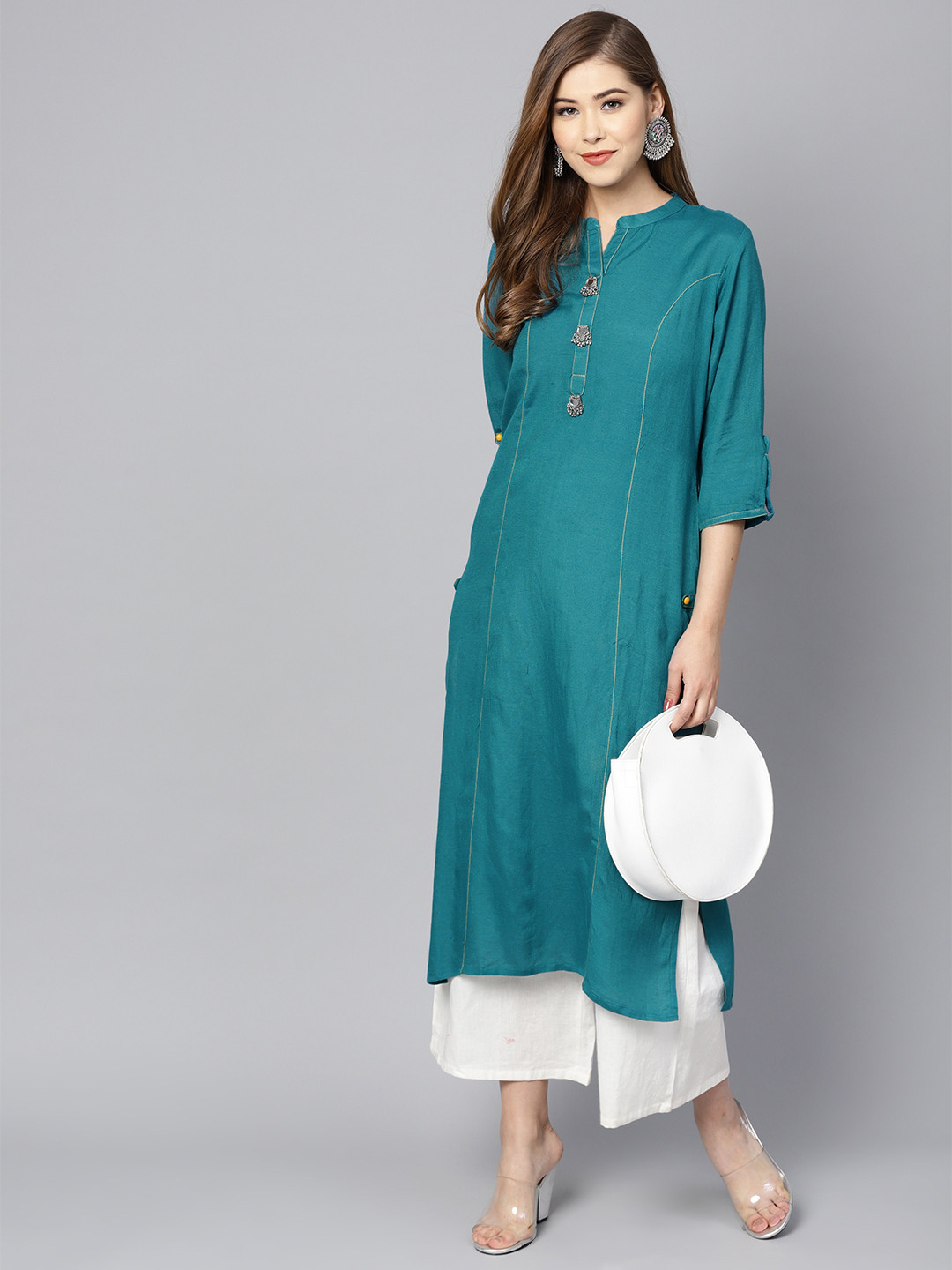 Teal Crepe Digital Printed Straight Kurta for Women with Flared Sleeves – S to 2XL