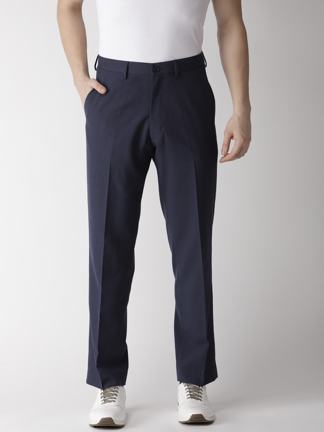 Buy Marks & Spencer Men Navy Blue Regular Fit Solid Trousers - Trousers ...