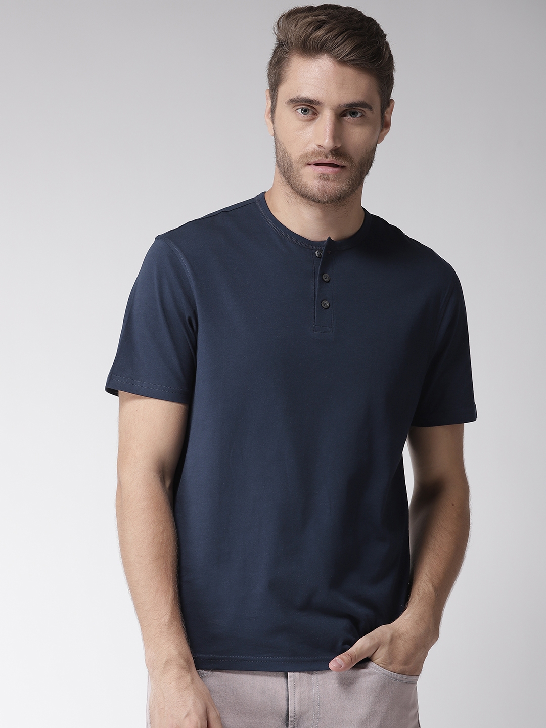 Buy Marks & Spencer Men Navy Blue Solid Henley Neck T Shirt - Tshirts ...