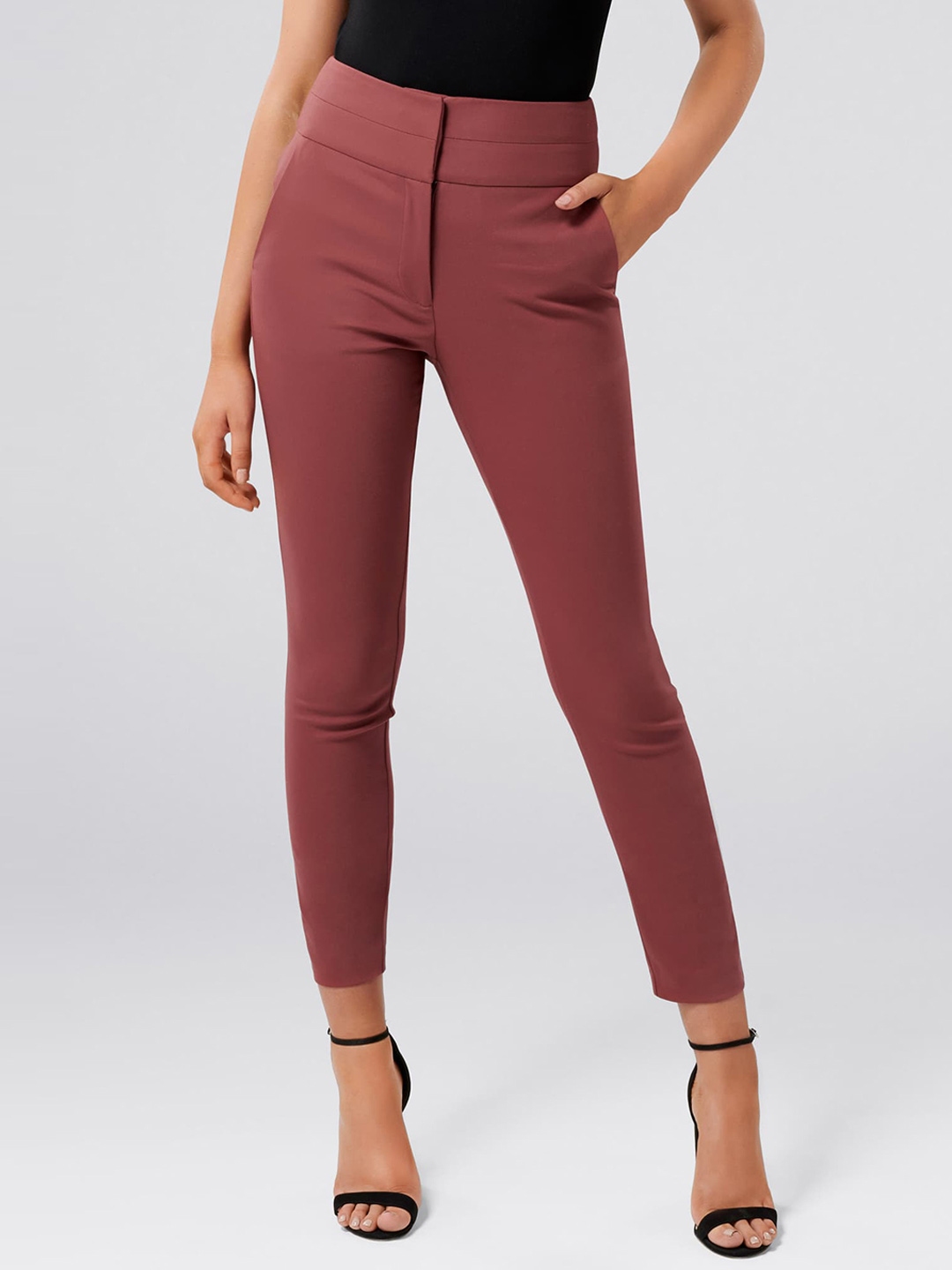 Buy Forever New Women Rust Red Slim Fit Solid Regular Trousers - Trousers for Women 9635059 | Myntra