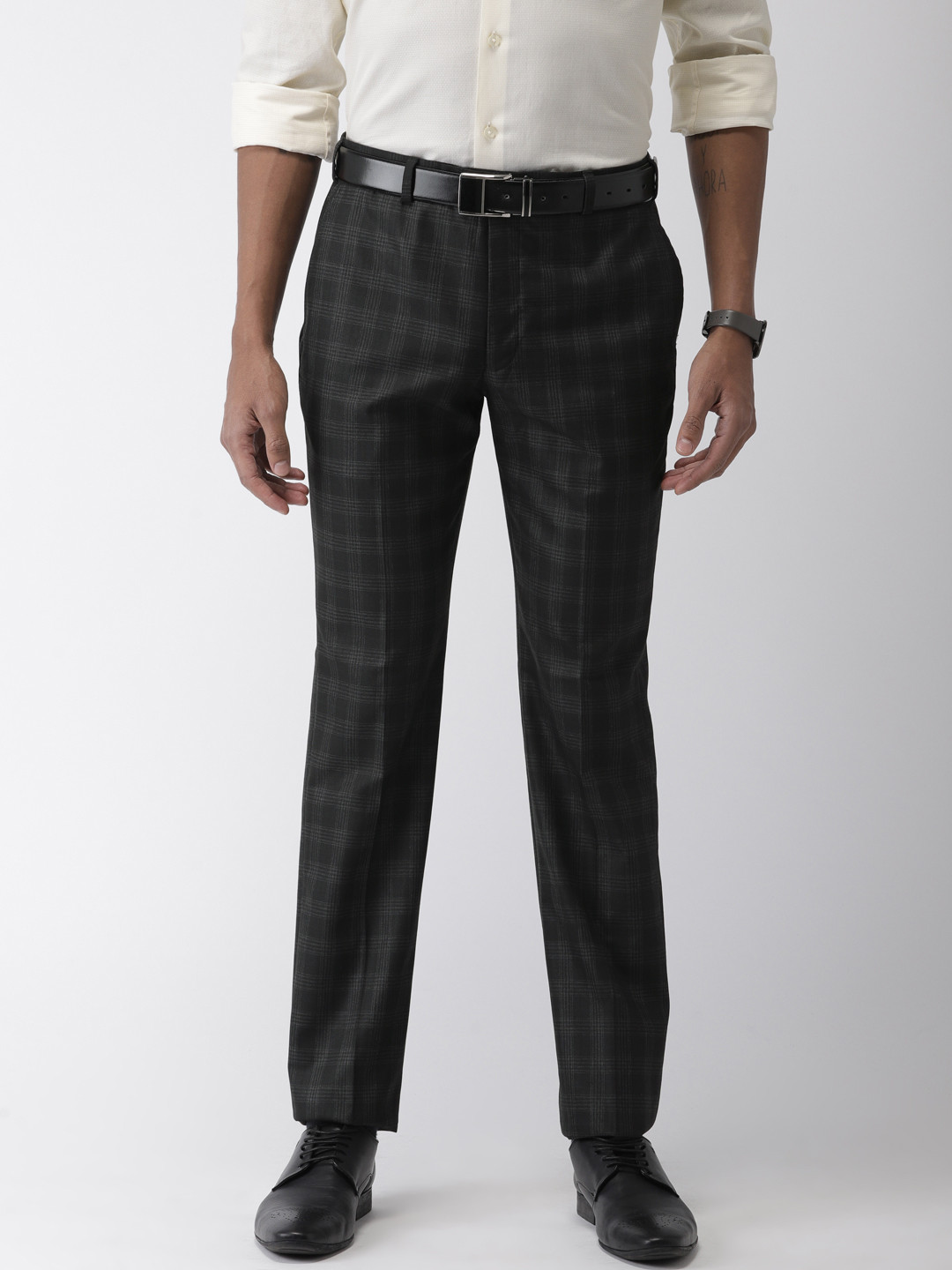Buy Park Avenue Men Black Smart Slim Fit Checked Formal Trousers ...