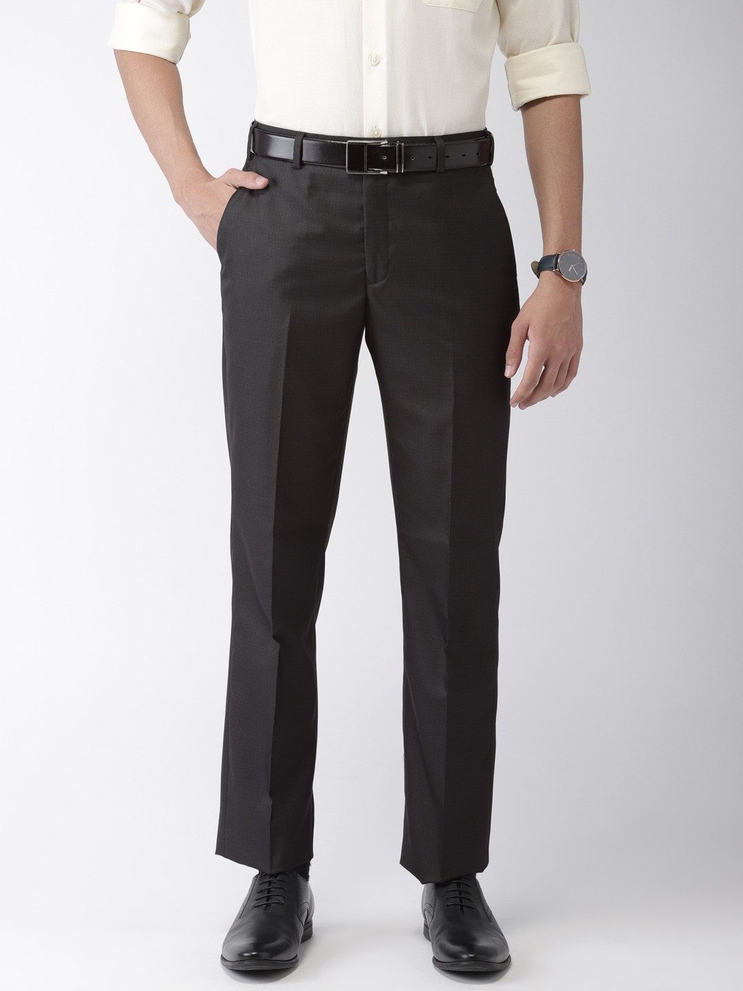 Buy Park Avenue Men Black Smart Slim Fit Solid Formal Trousers ...