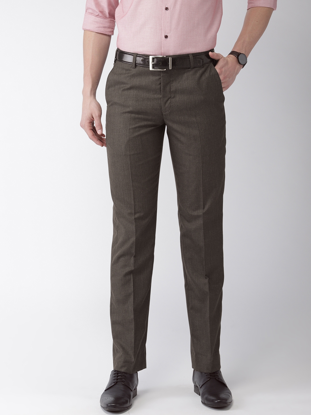 Buy Park Avenue Men Brown Smart Slim Fit Solid Formal Trousers ...