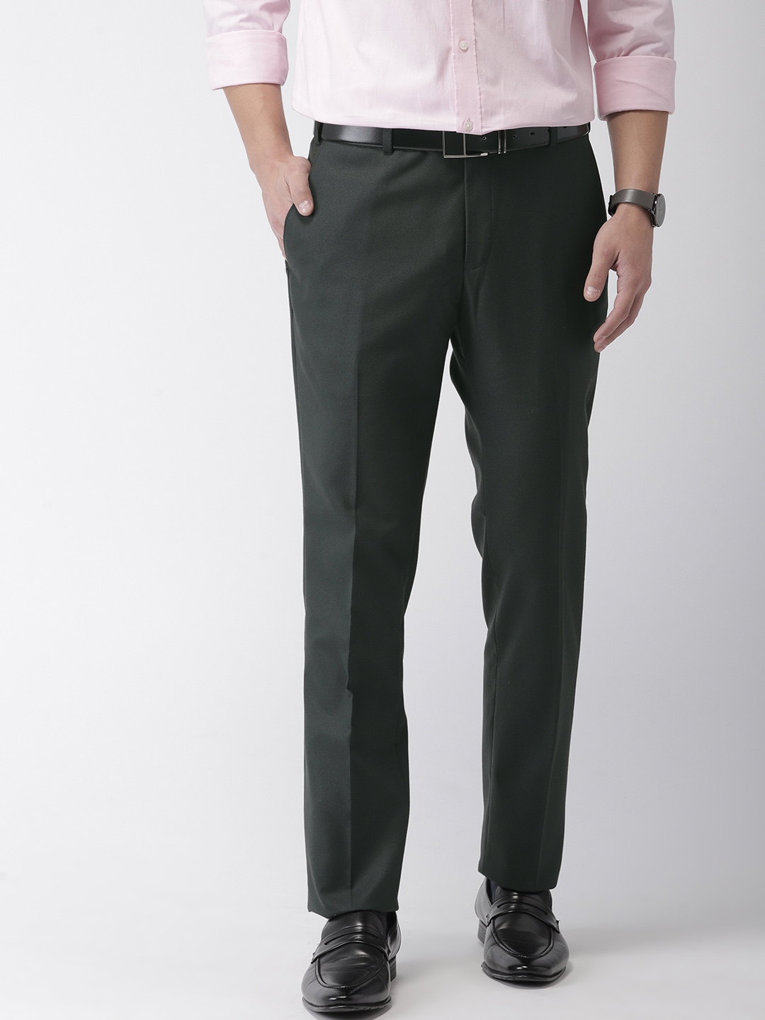 Buy Raymond Men Green Slim Fit Solid Formal Trousers - Trousers for Men ...