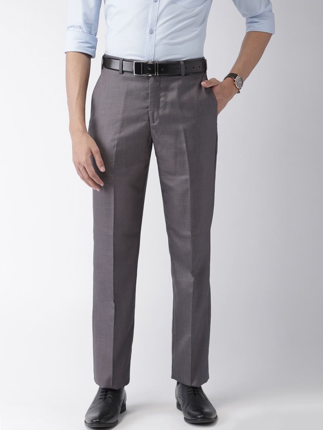 Buy Park Avenue Men Grey Smart Slim Fit Solid Formal Trousers ...