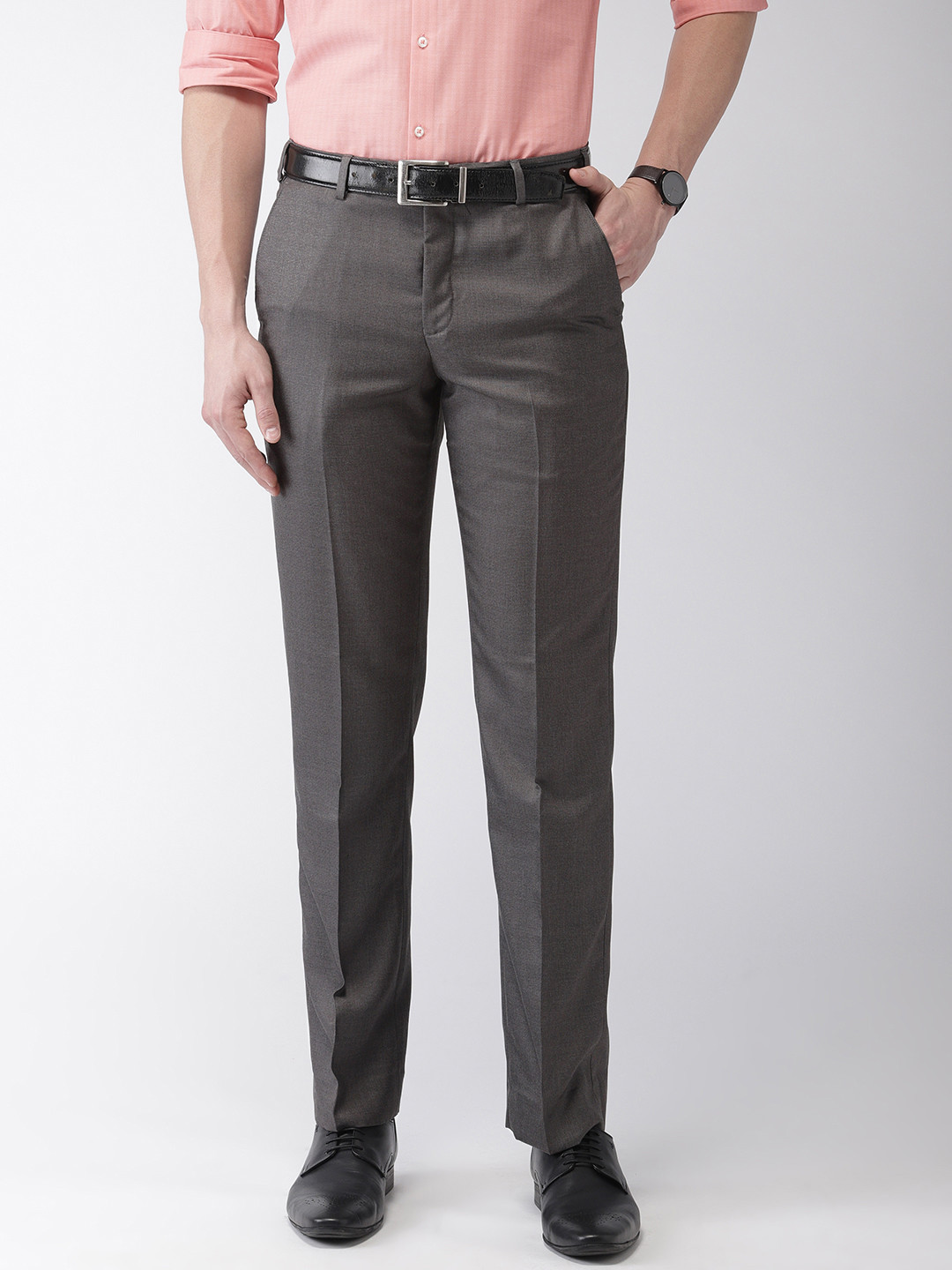 Buy Park Avenue Men Grey Smart Slim Fit Solid Formal Trousers ...