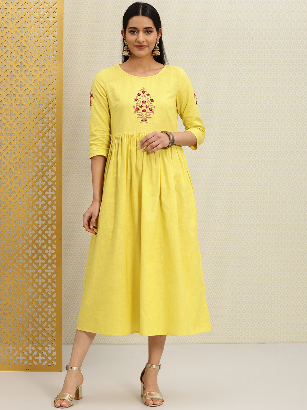 Buy House Of Pataudi Women Yellow A Line Embroidered Rozana Midi Dress