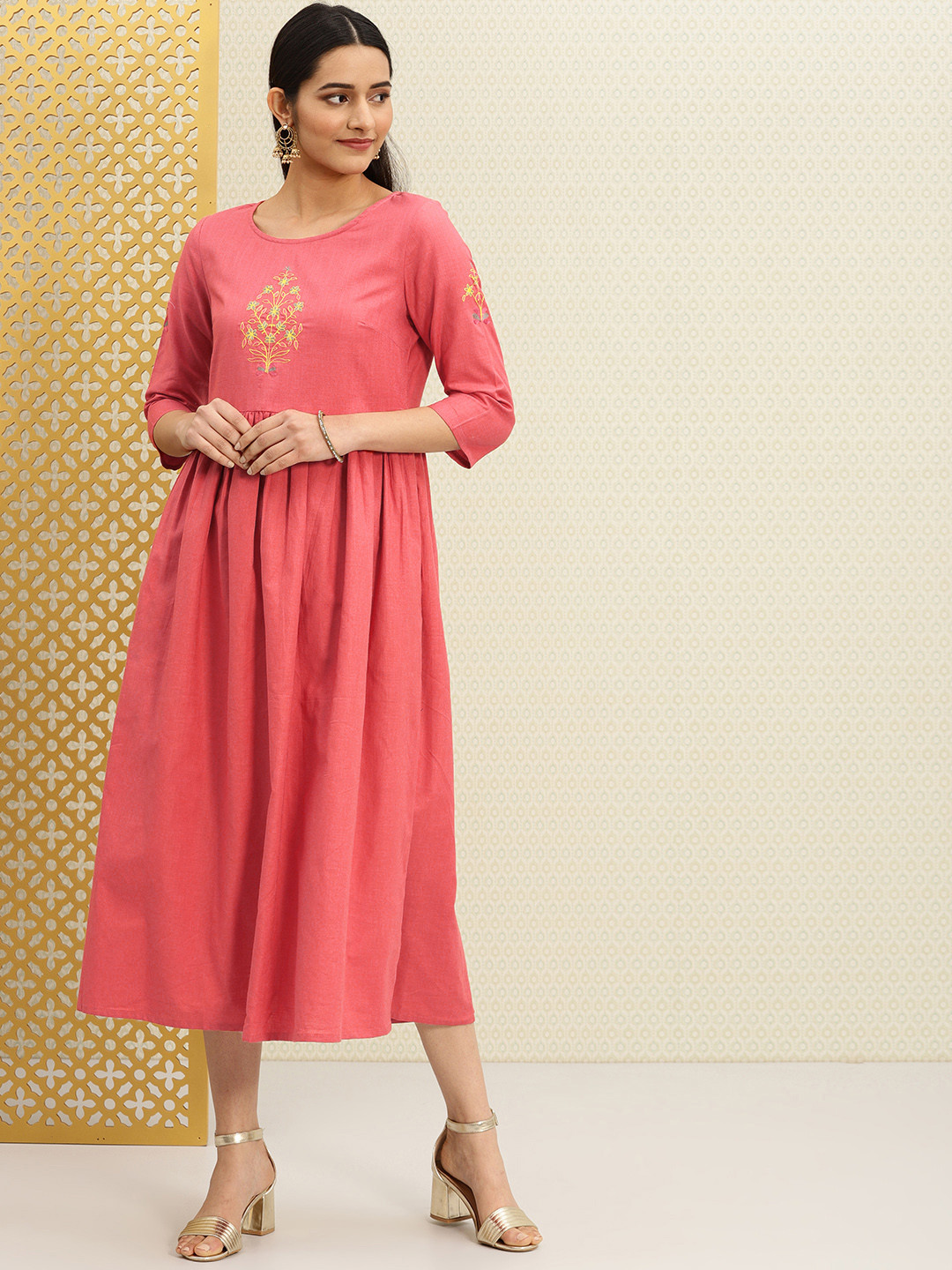 Buy House Of Pataudi Women Pink Embroidered Rozana Midi A Line Dress