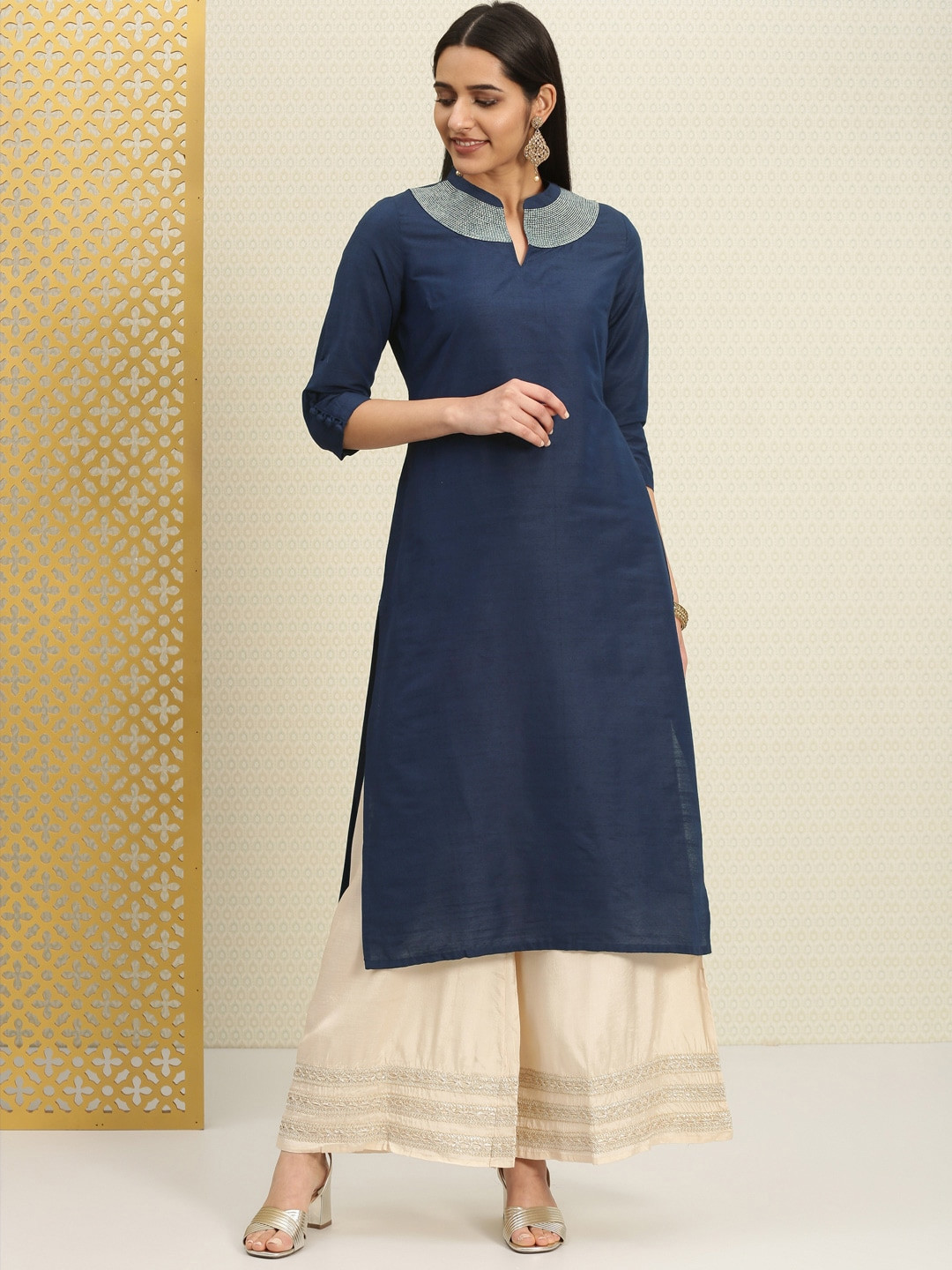 Buy House Of Pataudi Women Navy Blue Solid A Line Kurta Kurtas for