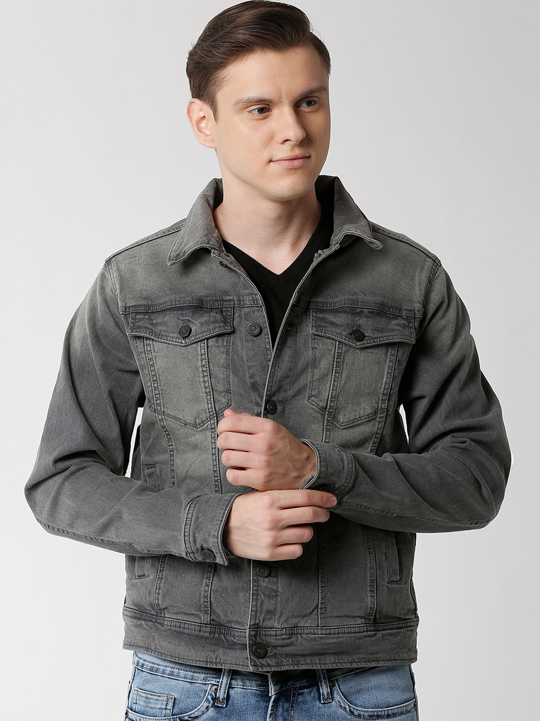 Buy Peter England Casuals Men Grey Solid Denim Jacket Jackets for Men