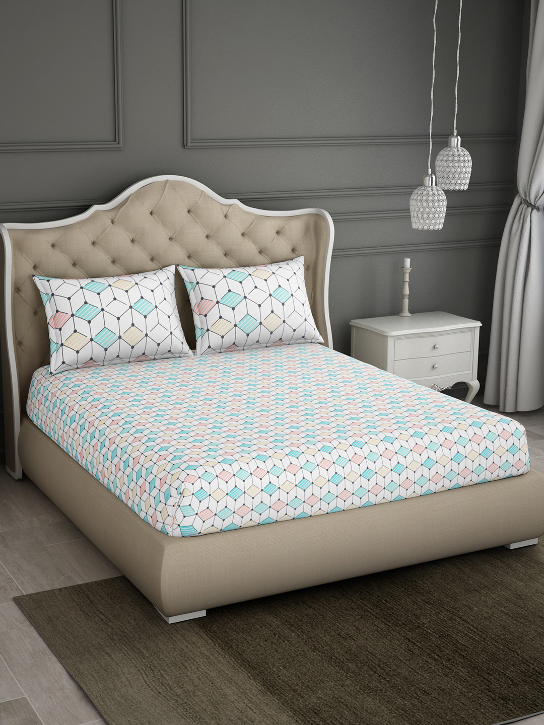 Buy SPACES Blue & White Geometric 144 TC Cotton 1 Queen Bedsheet With 2