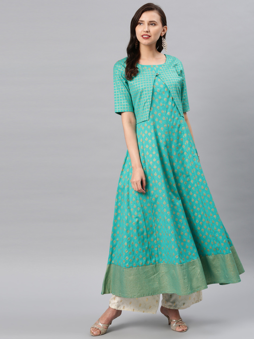 Women Liva Turquoise Blue Placement Print Kurta