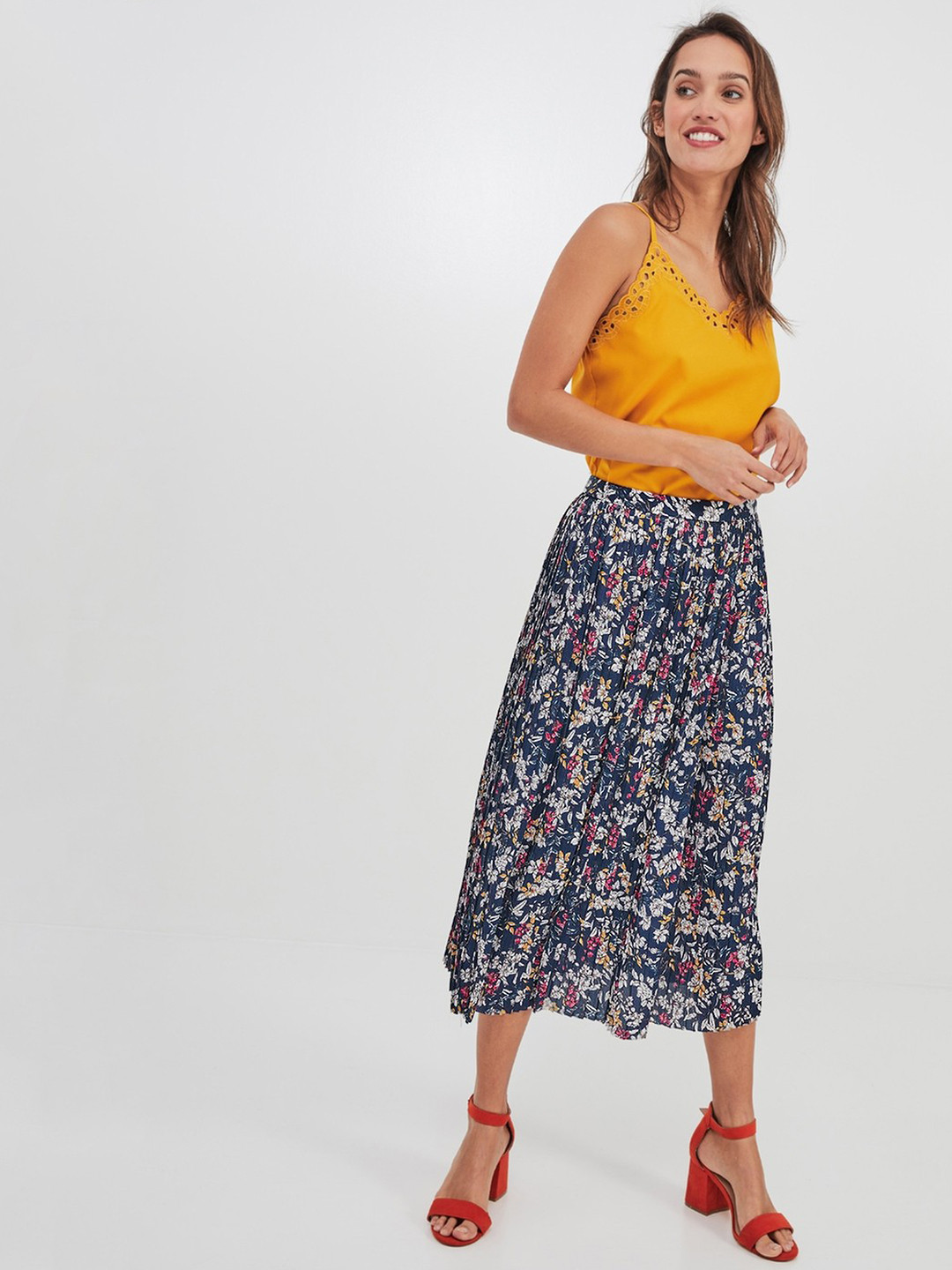 Navy Blue Printed Flared Rayon Maxi Skirt