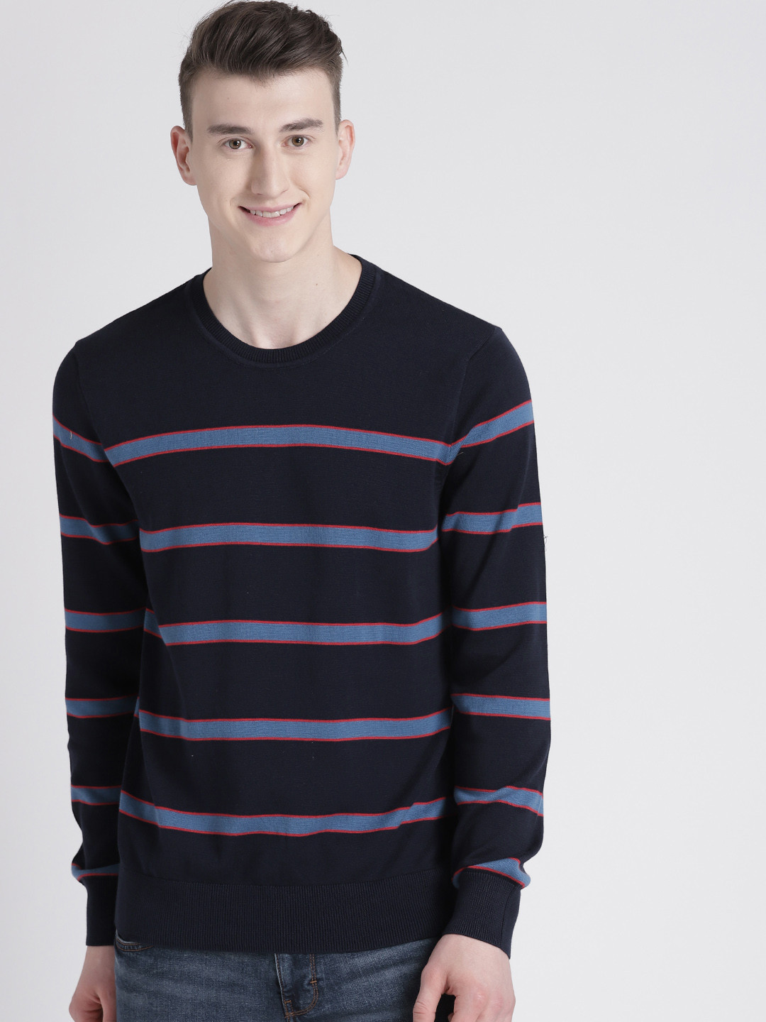 Buy GAP Men's Navy Blue Round Neck Striped Sweater Sweaters for Men