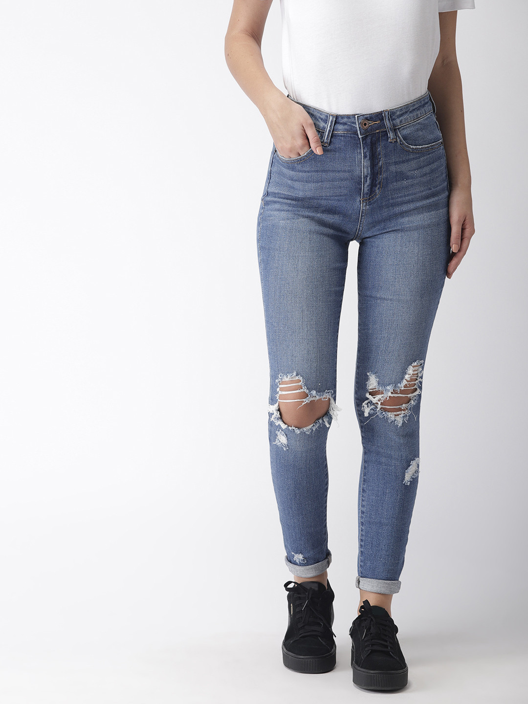 Buy FOREVER 21 Women Blue Regular Fit High Rise Mildly Distressed