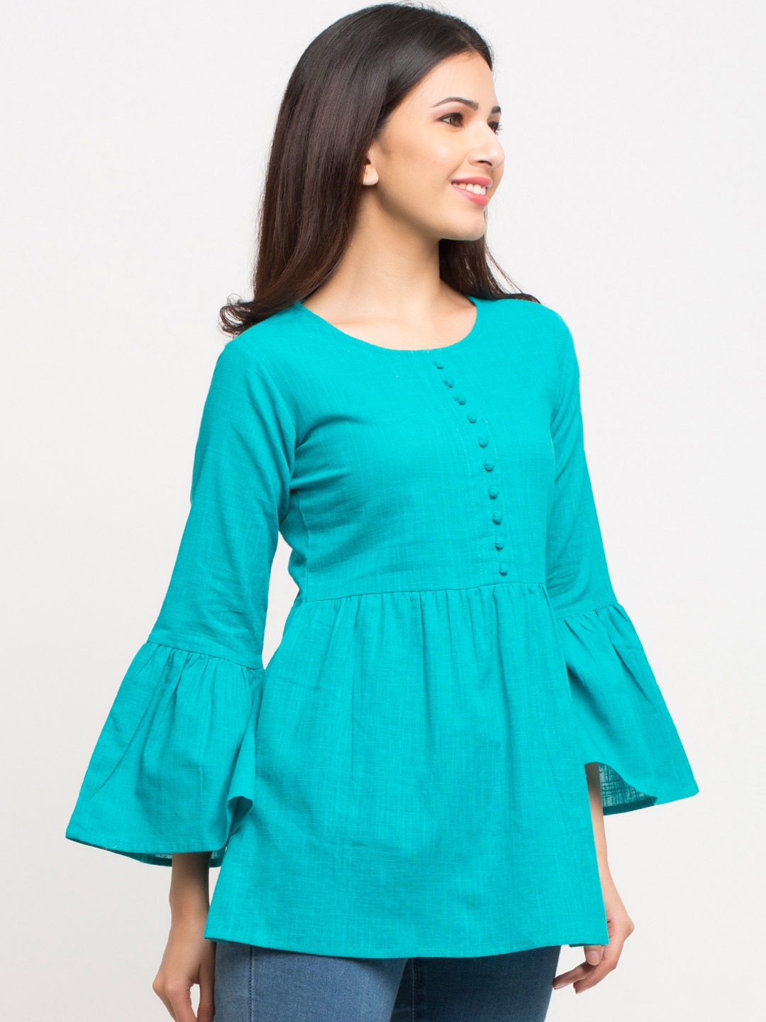 Buy YASH GALLERY Women Teal Solid A Line Top - Tops for Women 9686461 ...