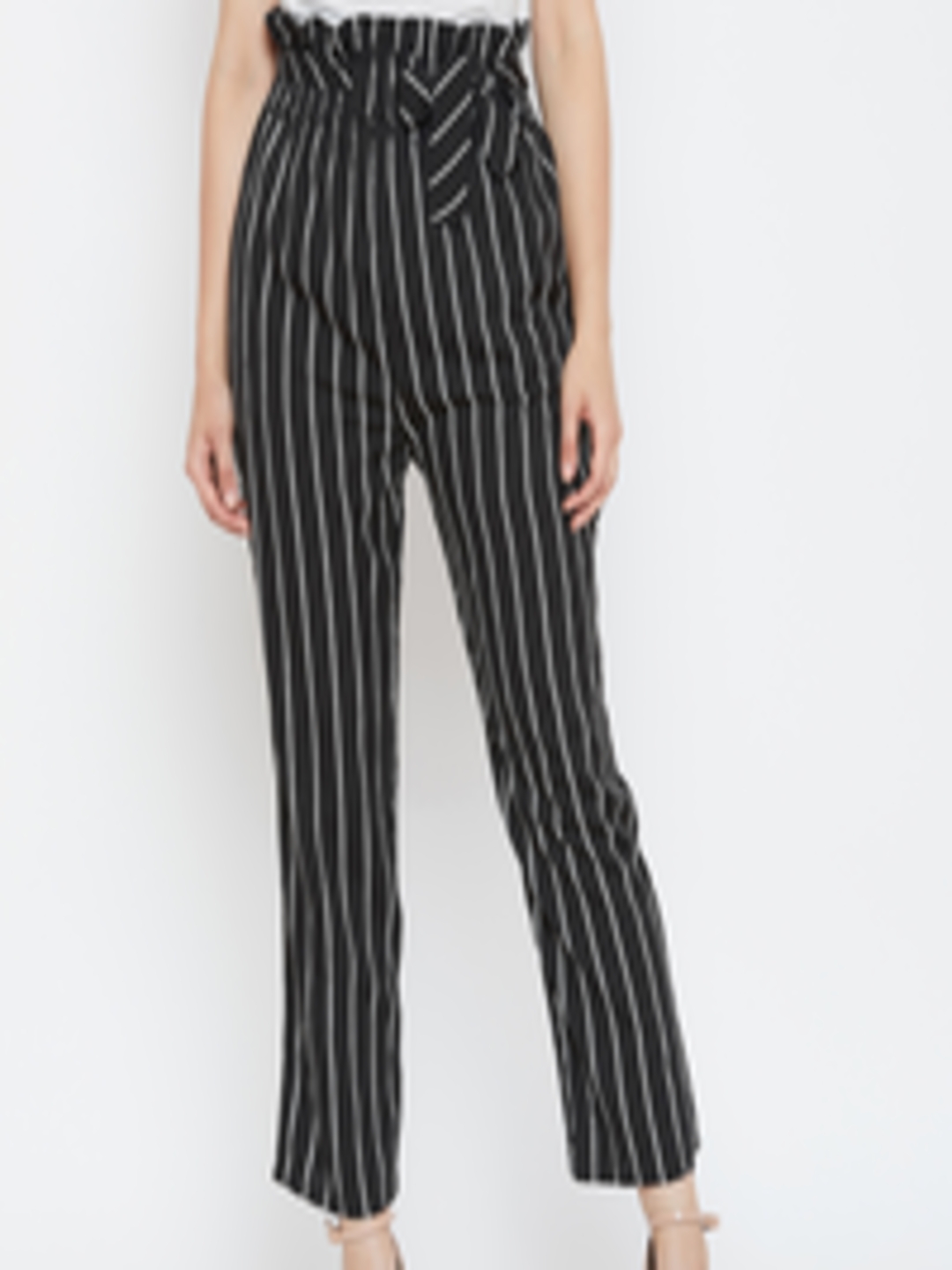 Buy PURYS Women Black & White Smart Tapered Fit Striped Peg Trousers