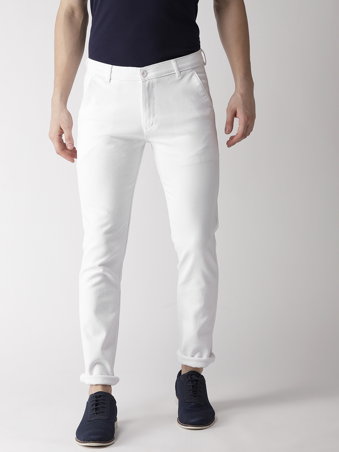 Buy Rodamo Men White Slim Fit Solid Regular Trousers - Trousers for Men ...