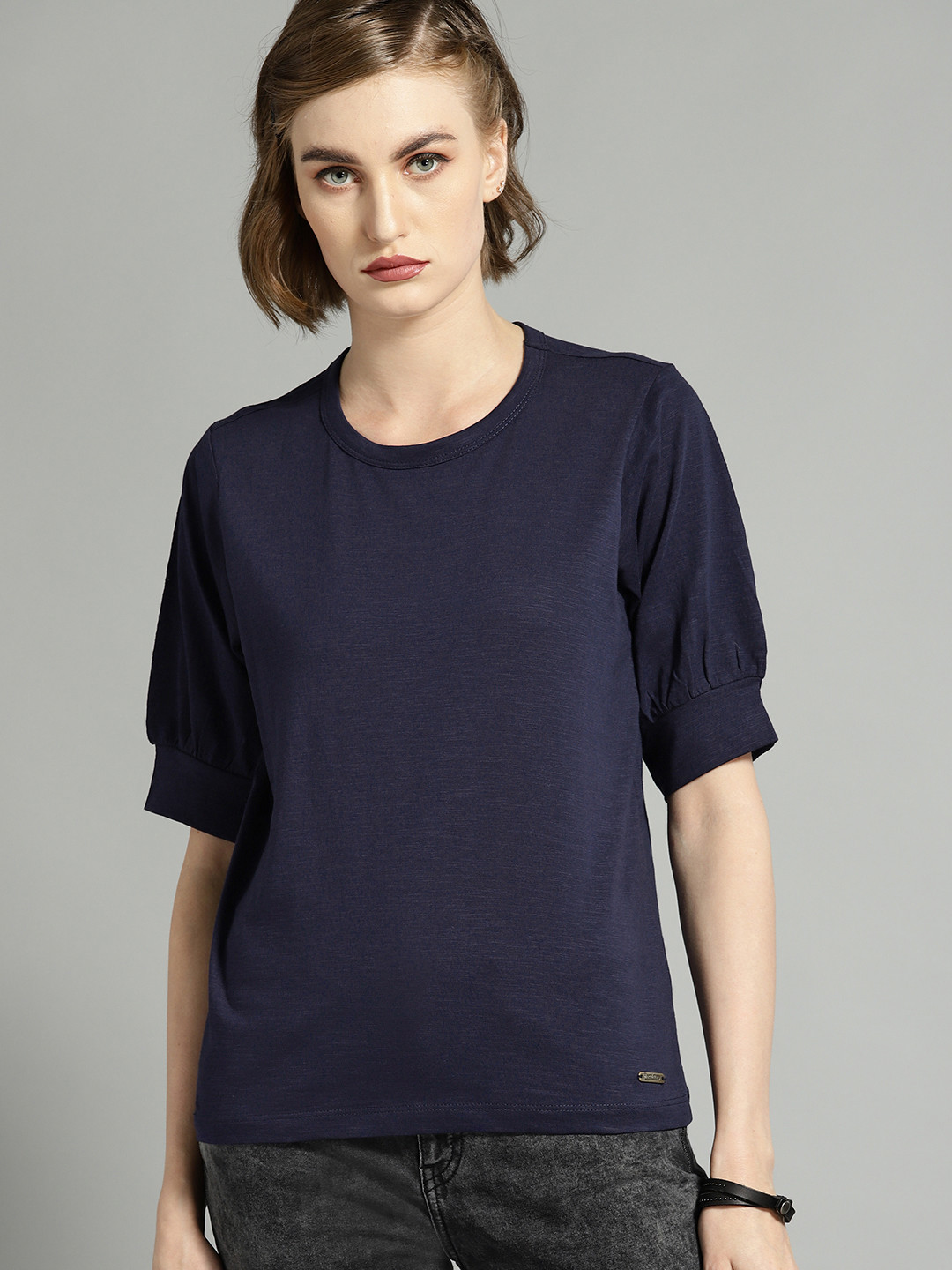 Buy The Roadster Lifestyle Co Women Navy Blue Solid Round Neck T Shirt ...