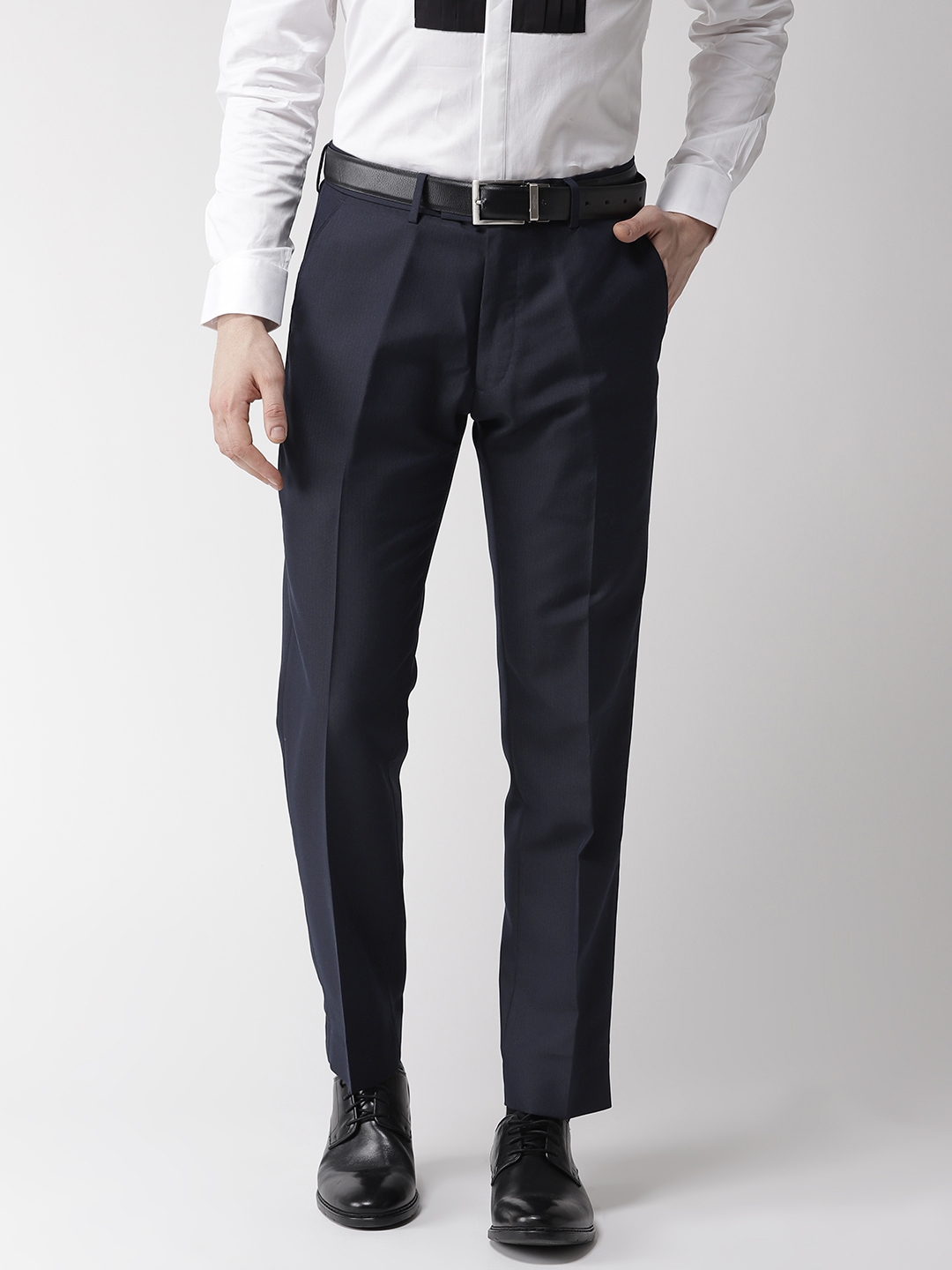 Buy Marks & Spencer Men Navy Blue Slim Fit Self Striped Formal Trousers ...