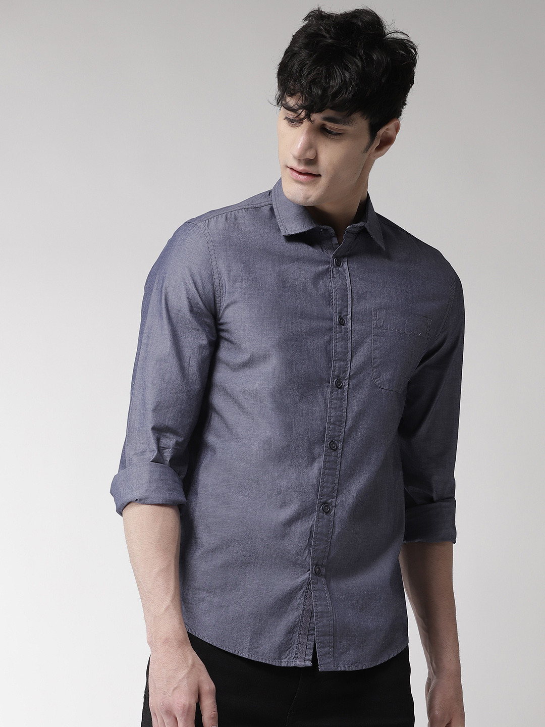 Buy Marks & Spencer Men Grey Regular Fit Solid Chambray Casual Shirt