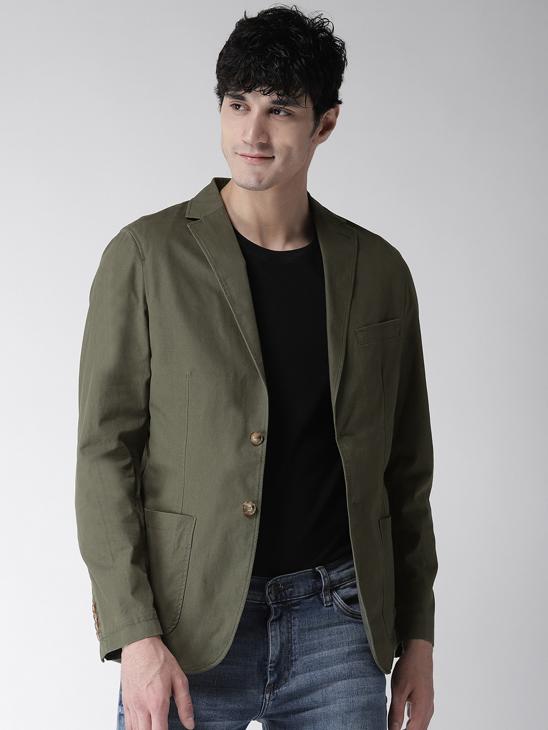 Buy Marks & Spencer Men Olive Green Solid Single Breasted Casual Pure