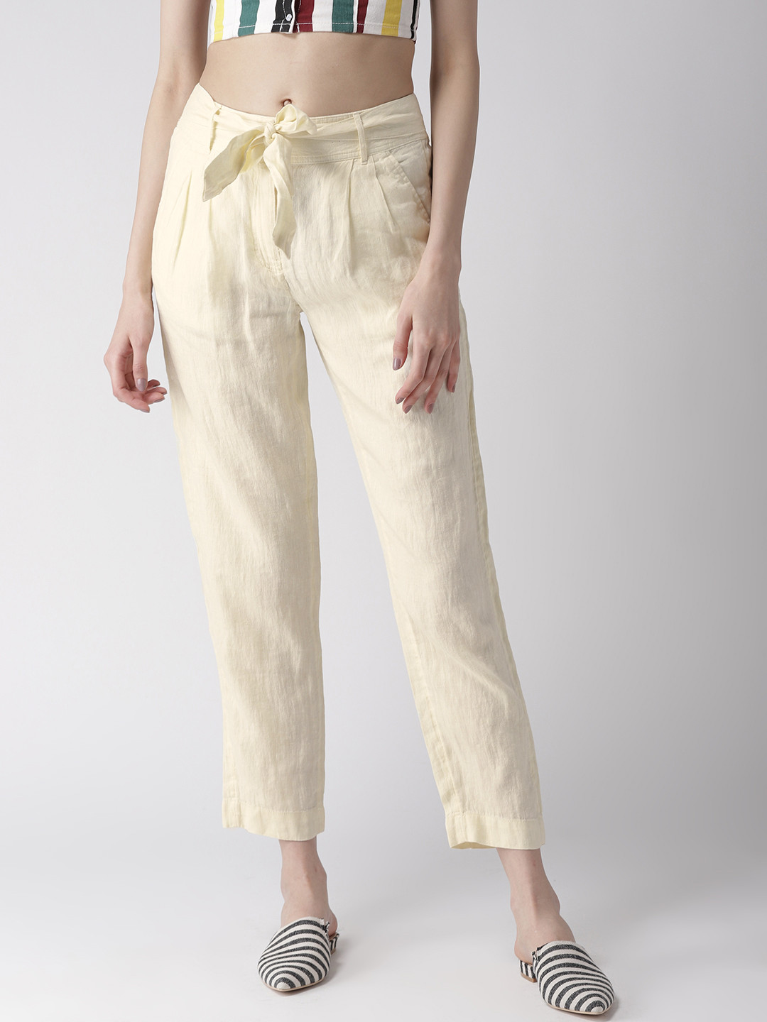 Buy Marks & Spencer Women Cream Coloured Regular Fit Solid Peg Trousers