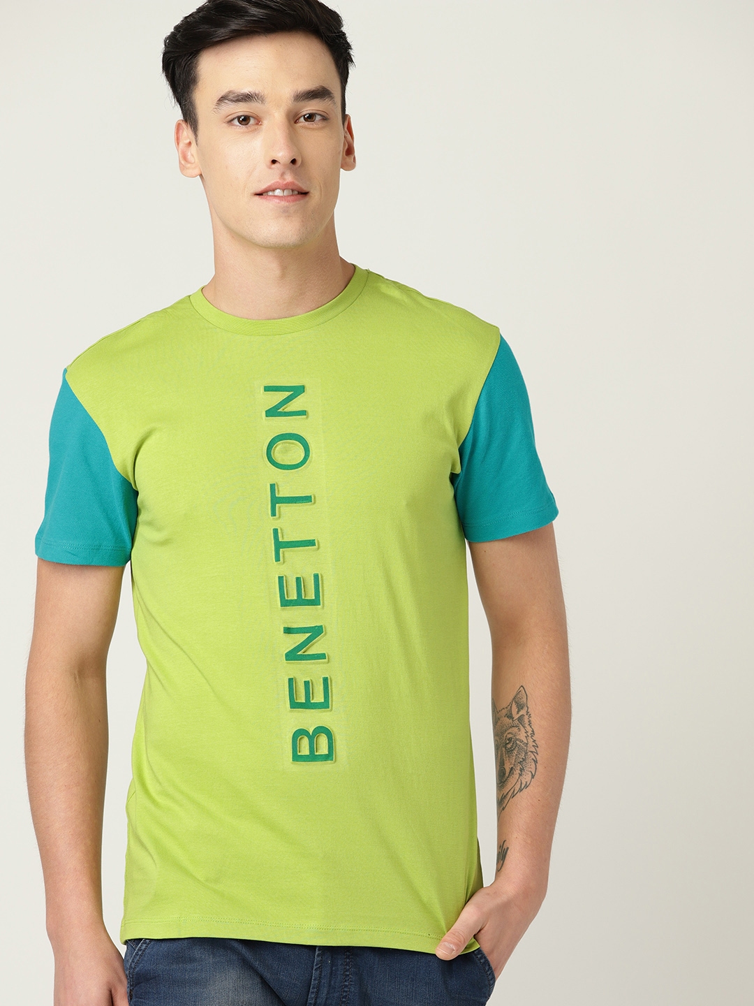 Buy United Colors Of Benetton Men Green Printed Pure Cotton T Shirt ...