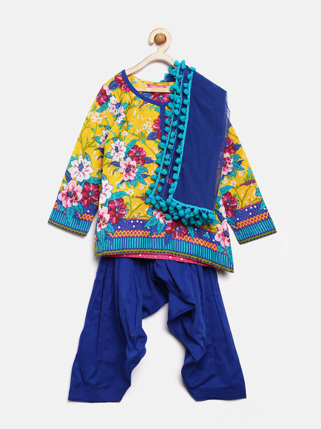 Buy BIBA Girls Yellow & Blue Floral Print Salwar Suit With Dupatta