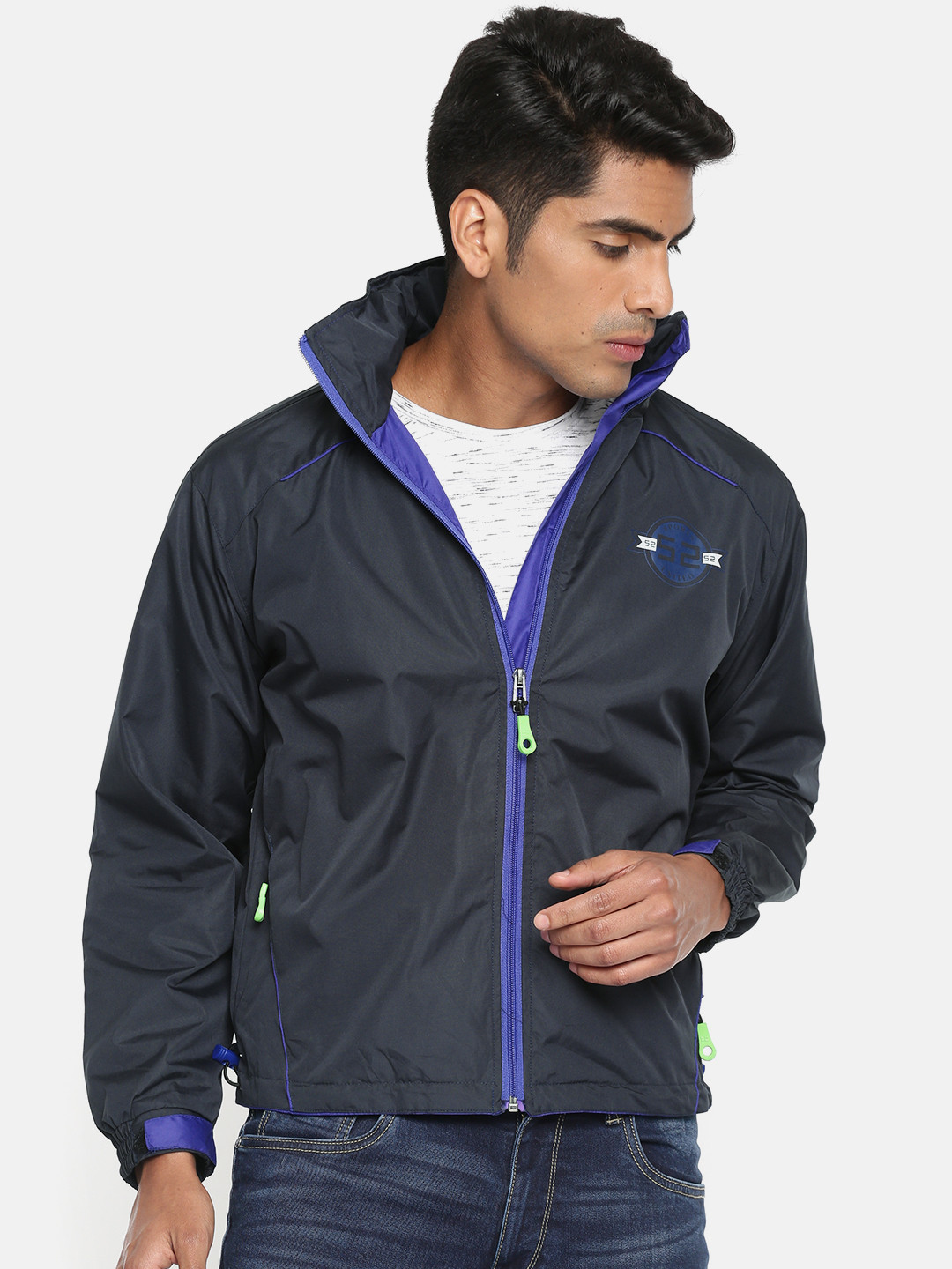 Buy Sports52 Wear Men Navy Blue & Purple Solid Hooded Rain Jacket