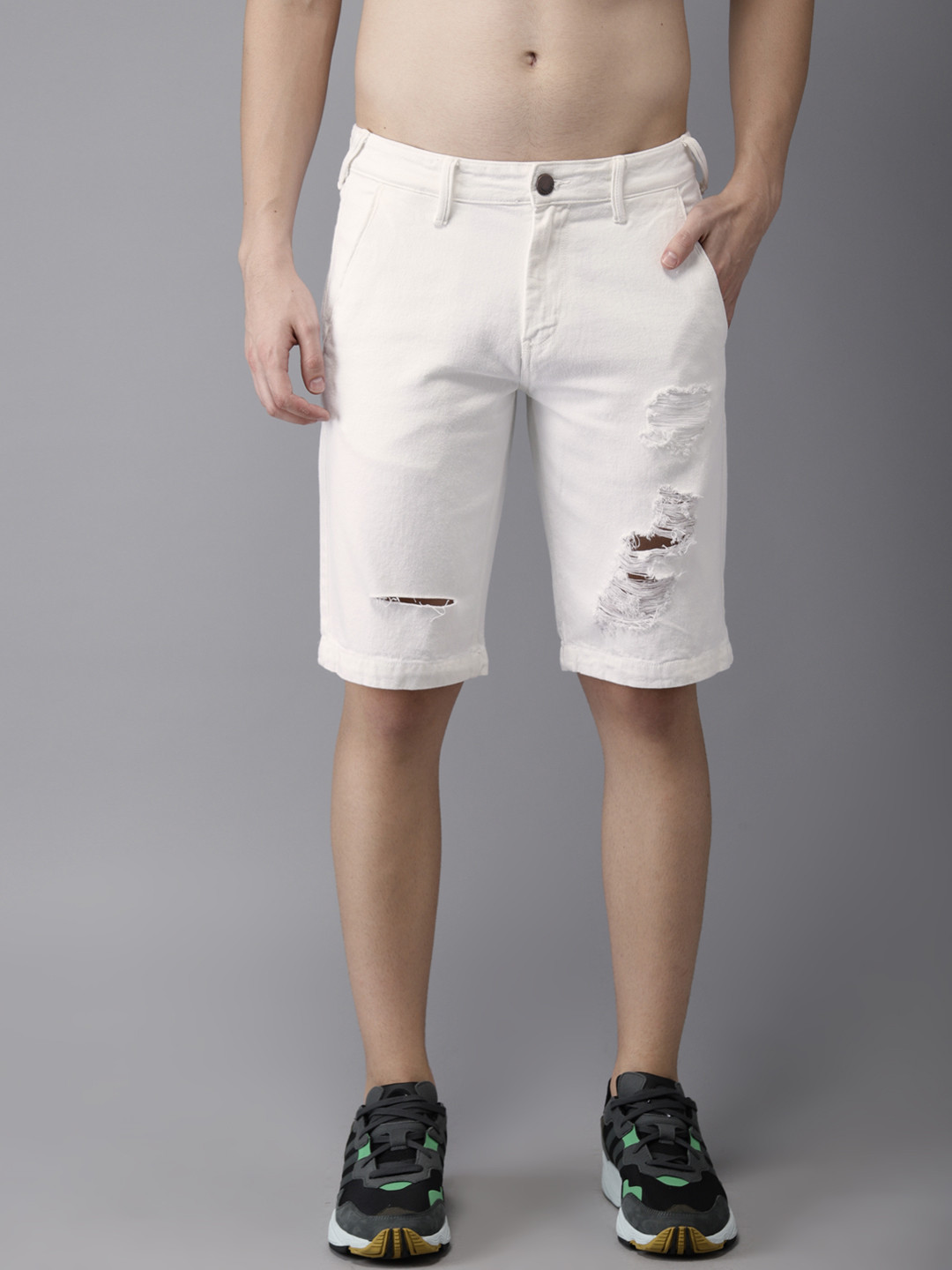 Buy HERE&NOW Men White Solid Regular Fit Distressed Denim Shorts