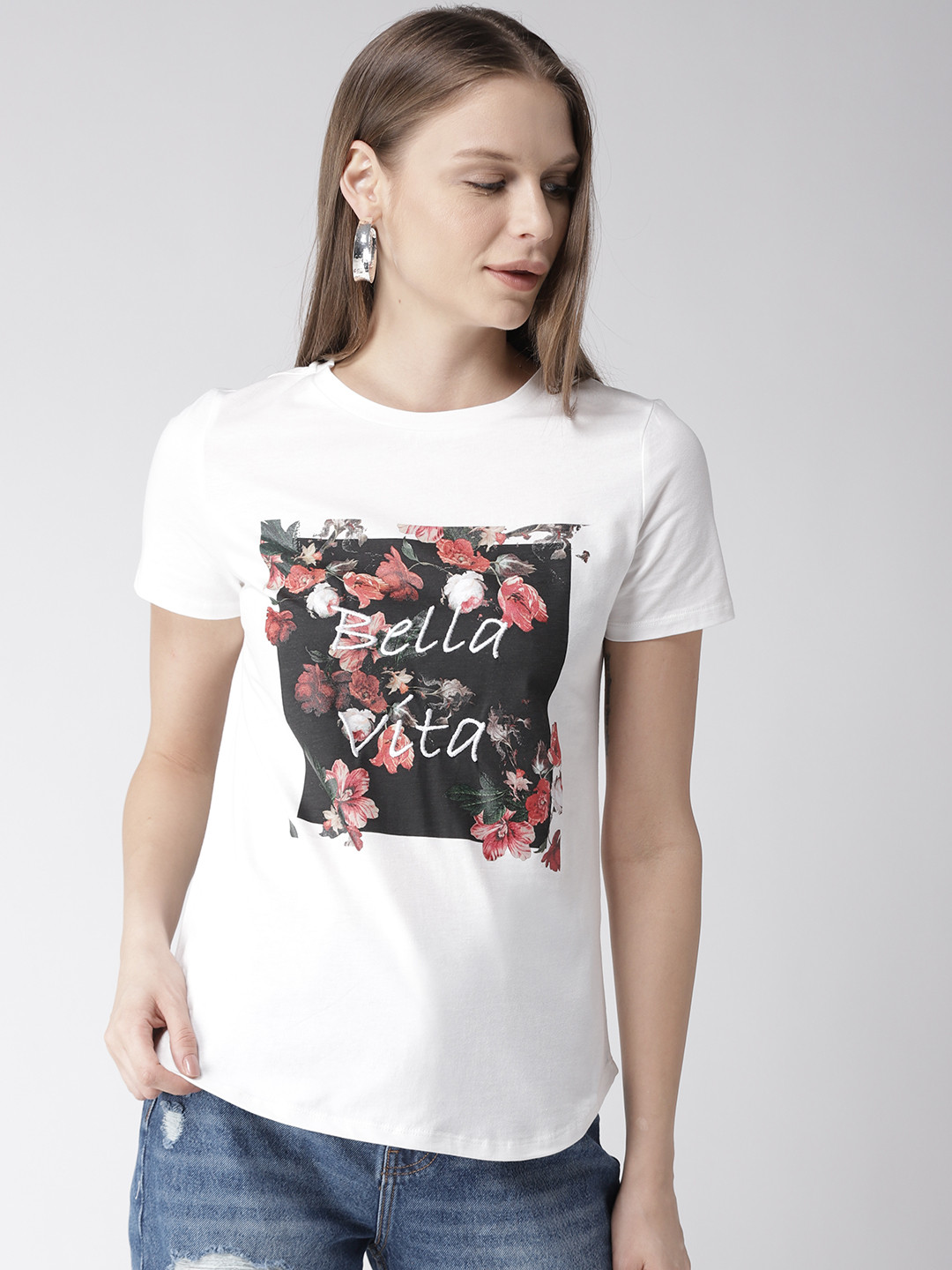 Buy Marks Spencer Women White Printed Round Neck Pure Cotton T Shirt