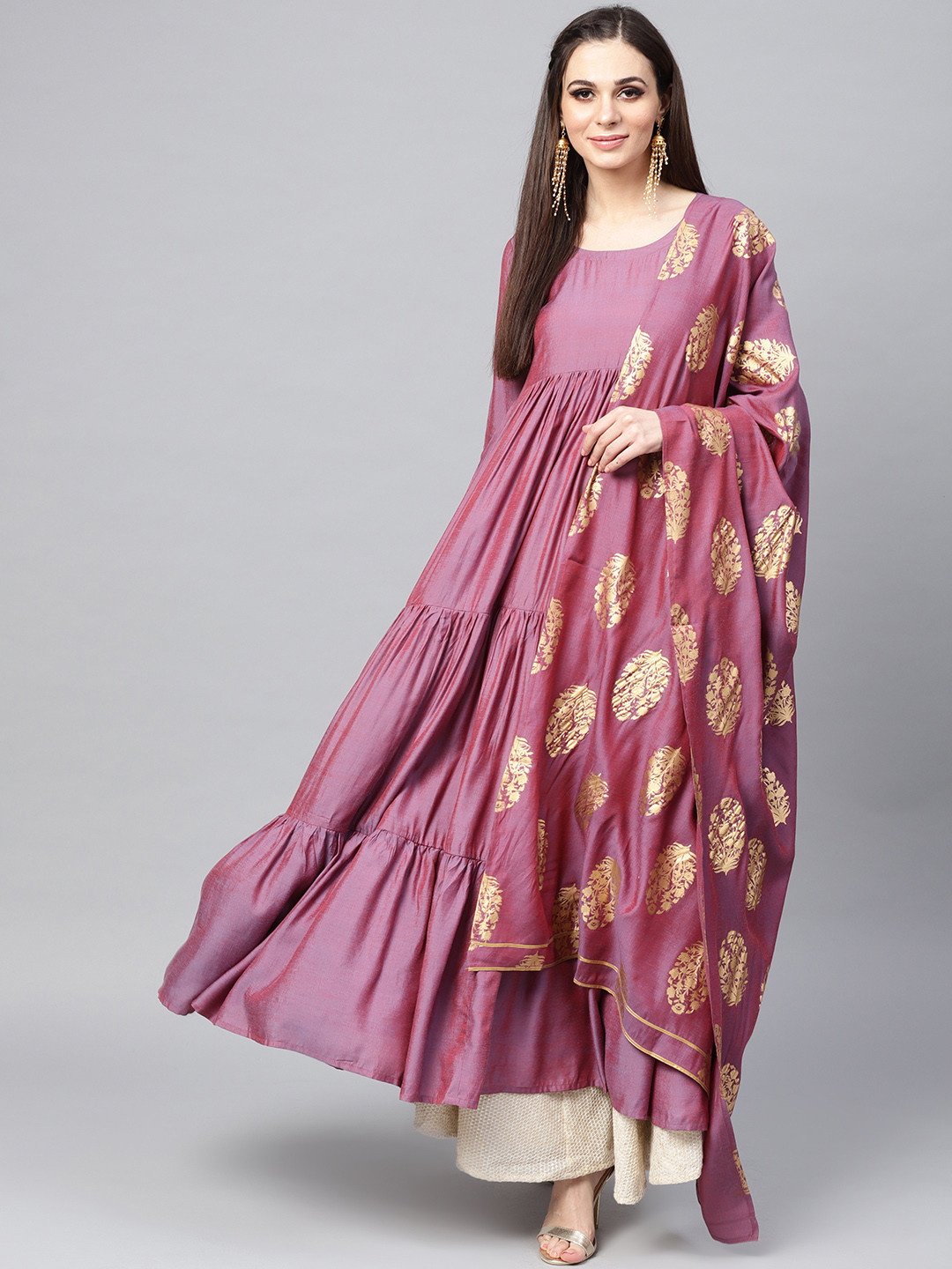 Inddus Purple Solid Anarkali Kurta with Dupatta
