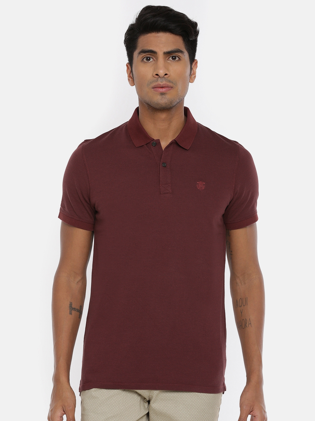 Buy SELECTED Men Maroon Self Design Polo Collar Pure Cotton T Shirt ...