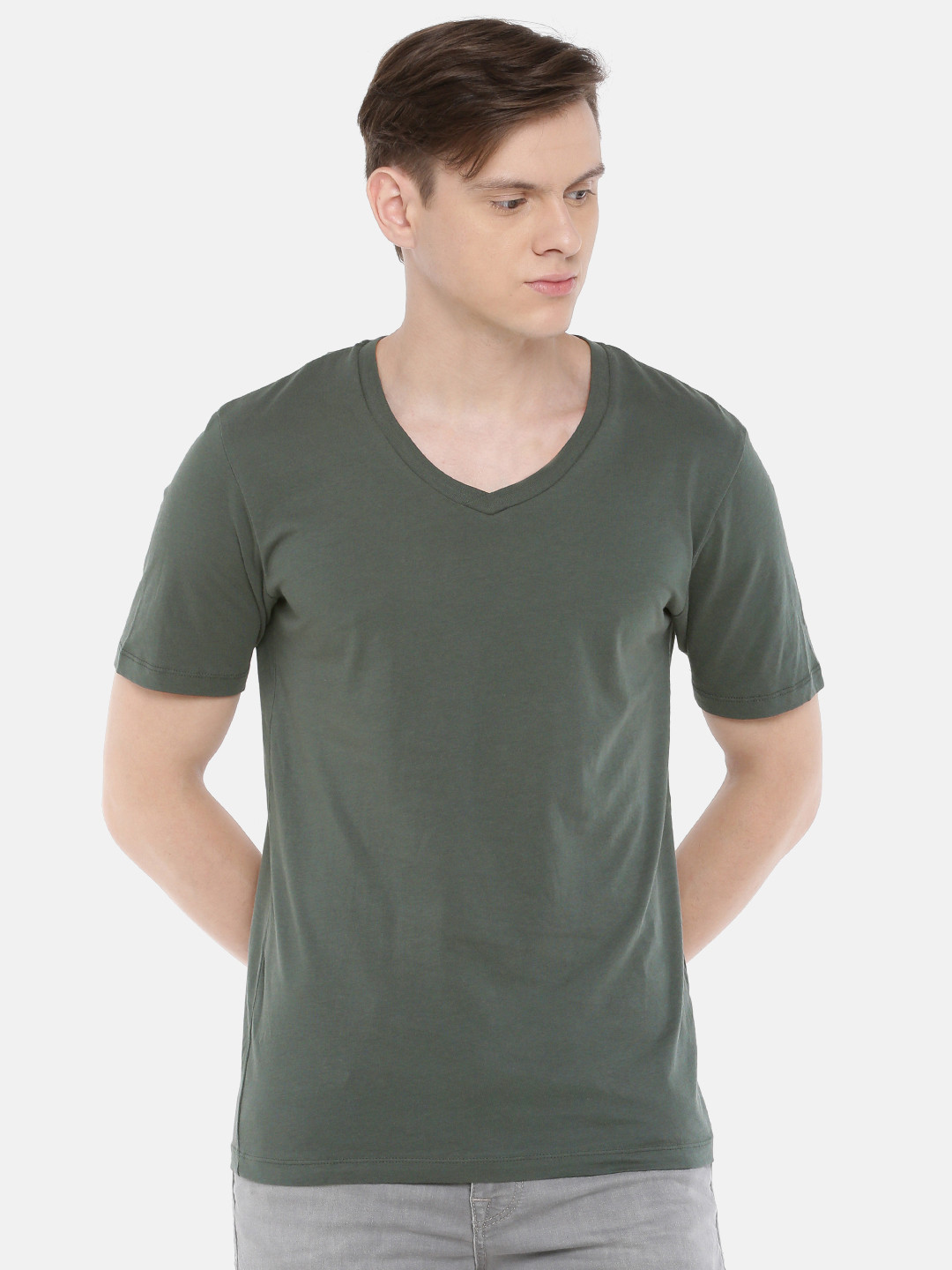 Buy SELECTED Men Olive Green Solid V Neck Pure Cotton T Shirt - Tshirts ...