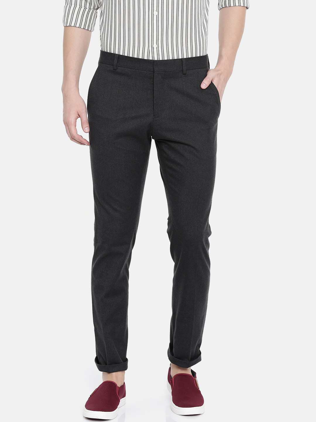 Buy SELECTED Men Navy Blue Self Design Smart Casual Trousers Trousers