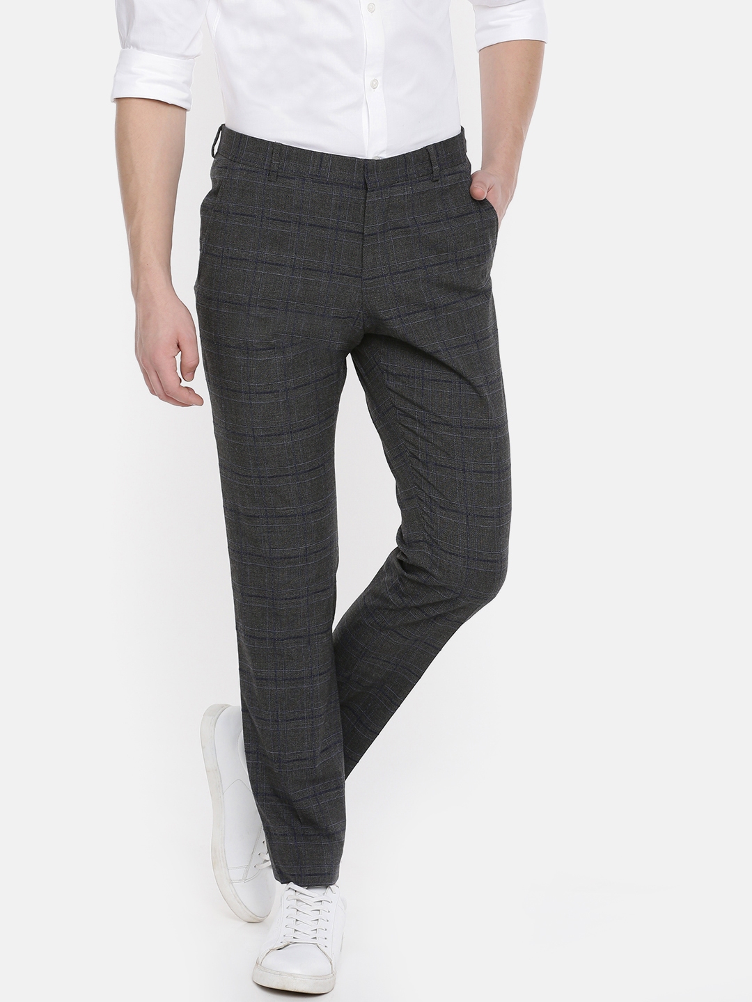 Buy SELECTED Men Charcoal Grey Regular Fit Checked Regular Trousers ...