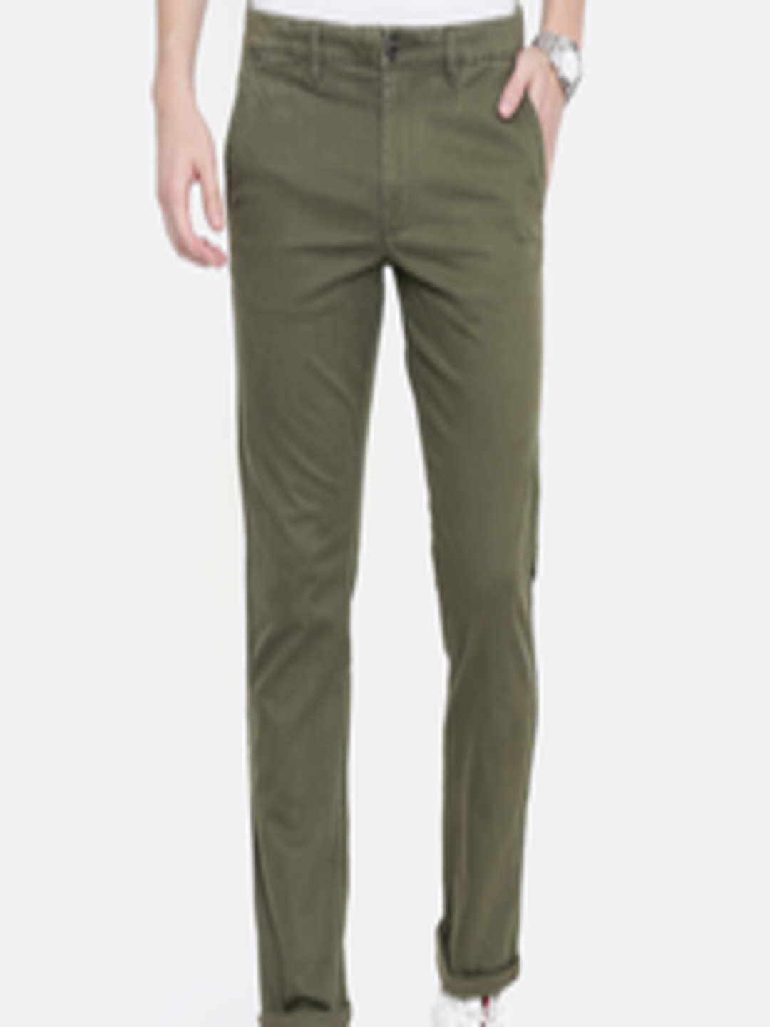 Buy SELECTED Men Olive Green Grey Solid Slim Fit Chinos - Trousers for ...