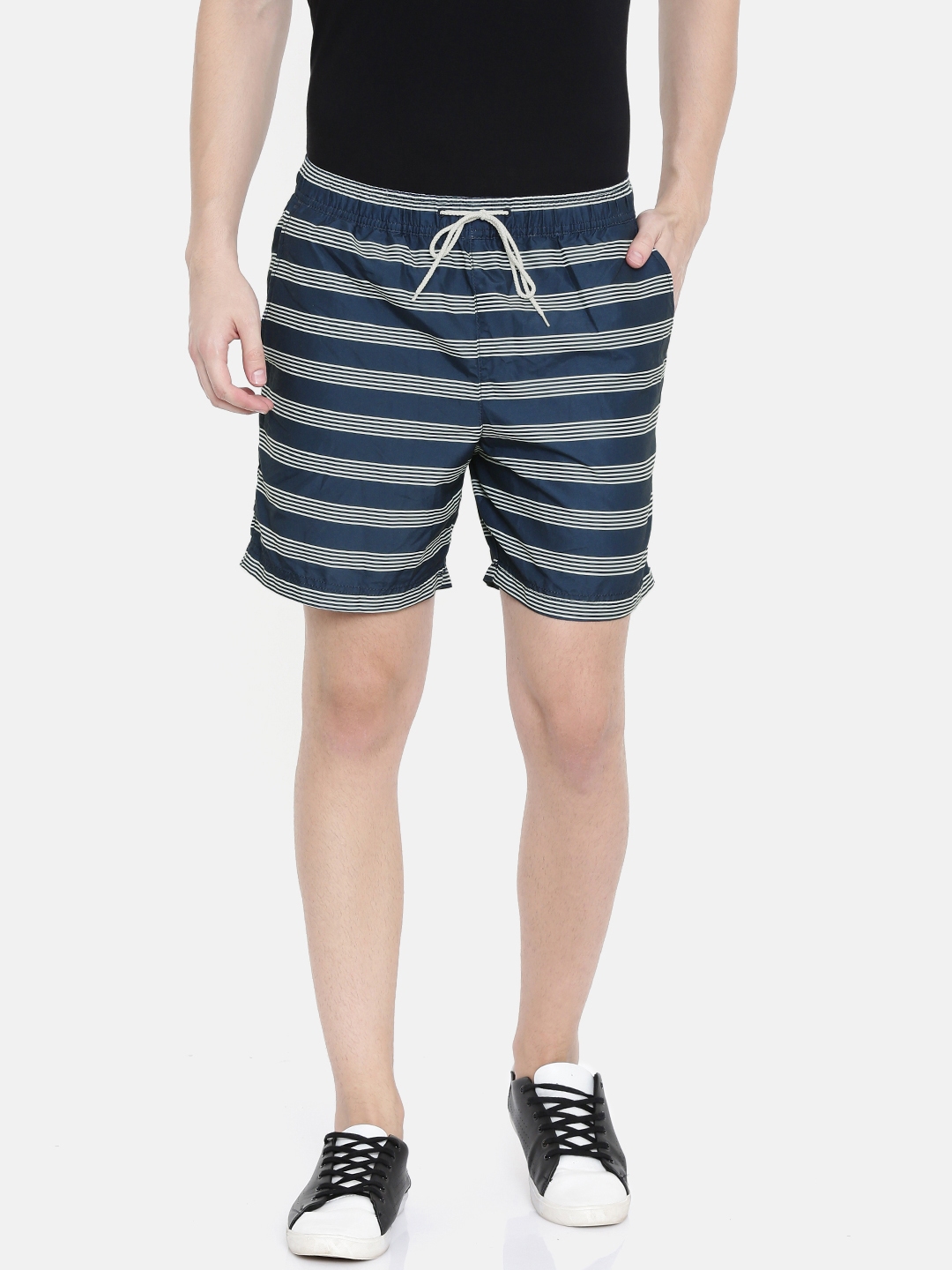 navy blue and white striped shorts