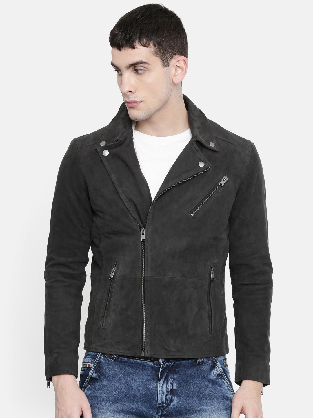 Buy SELECTED Men Charcoal Grey Solid Suede Biker Jacket Jackets for