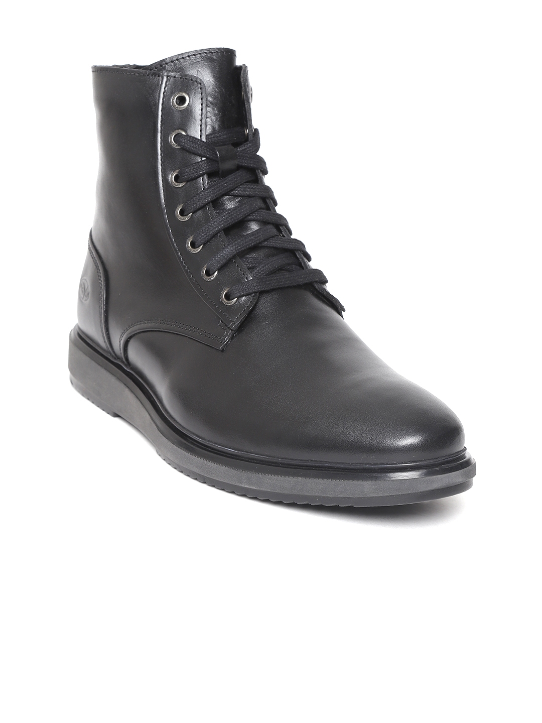 Buy Woodland Men Black Solid Leather Mid Top Flat Boots - Boots for Men ...