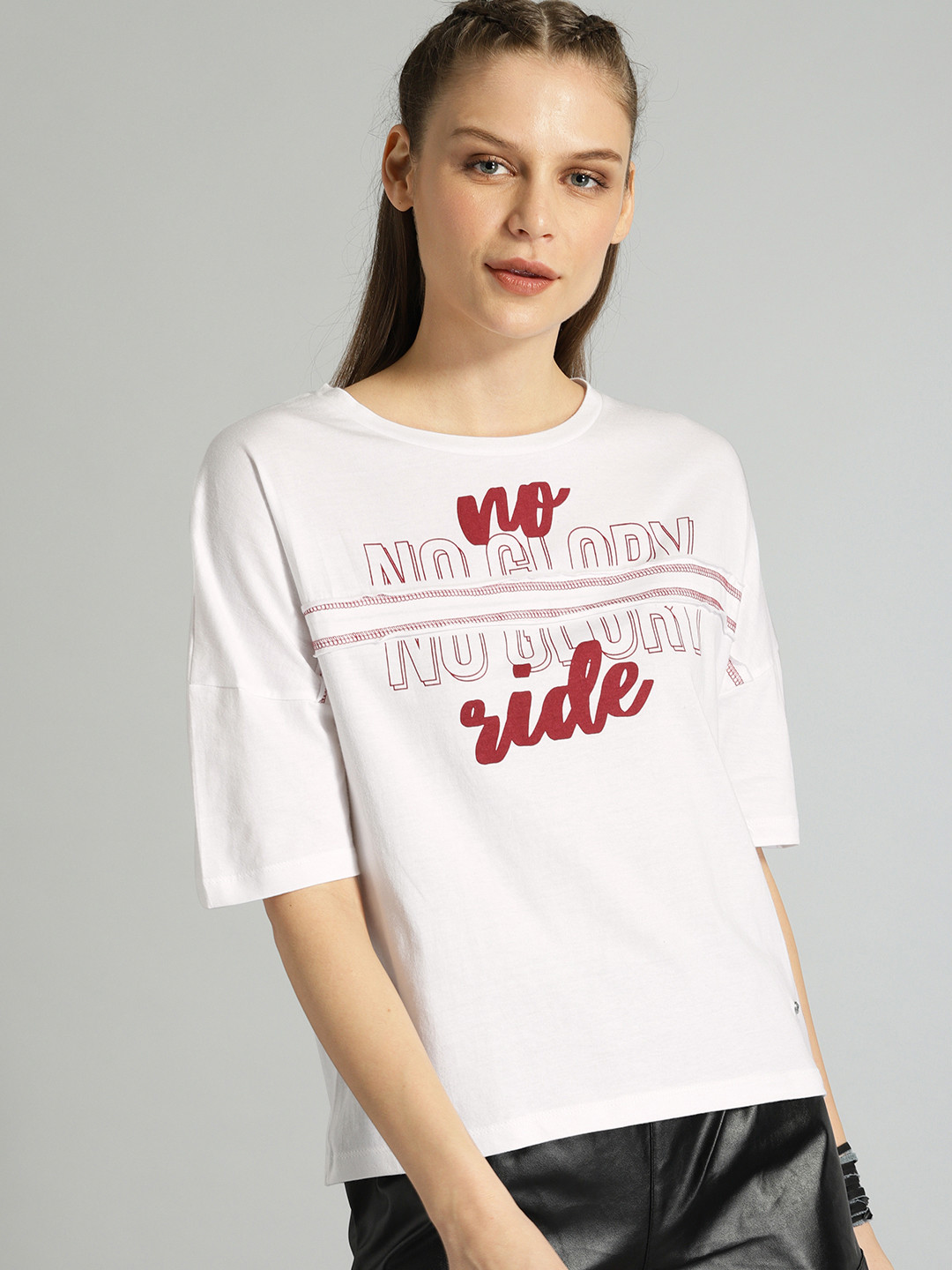 Buy The Roadster Lifestyle Co Women White Solid Round Neck Pure Cotton