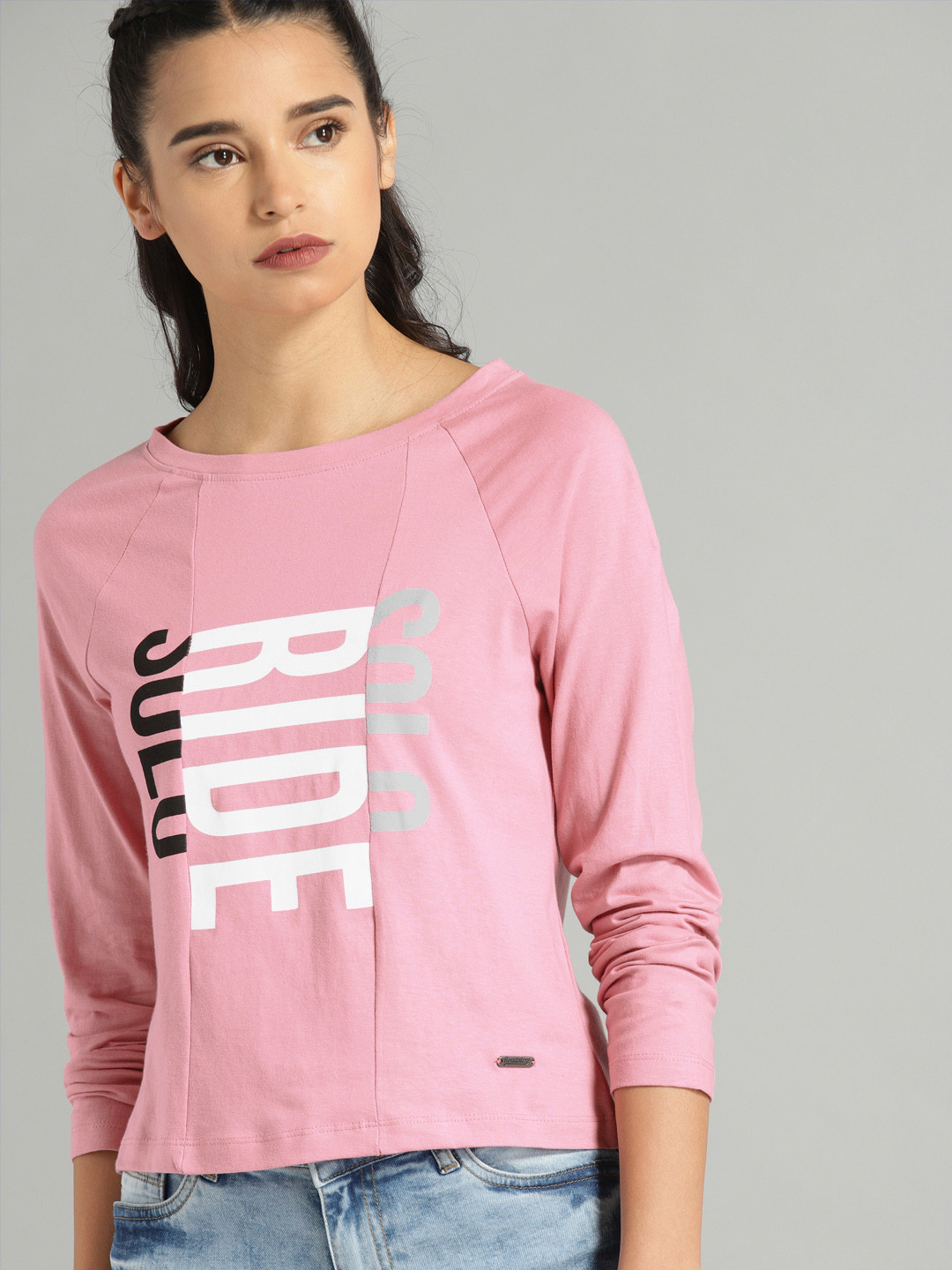 Women's Pink Printed Round Neck Cotton Boxy T-Shirt