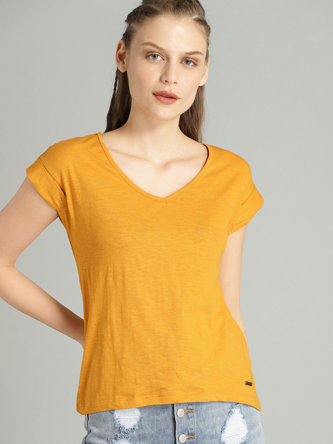Buy Roadster Women Mustard Yellow Solid V Neck Pure Cotton T Shirt